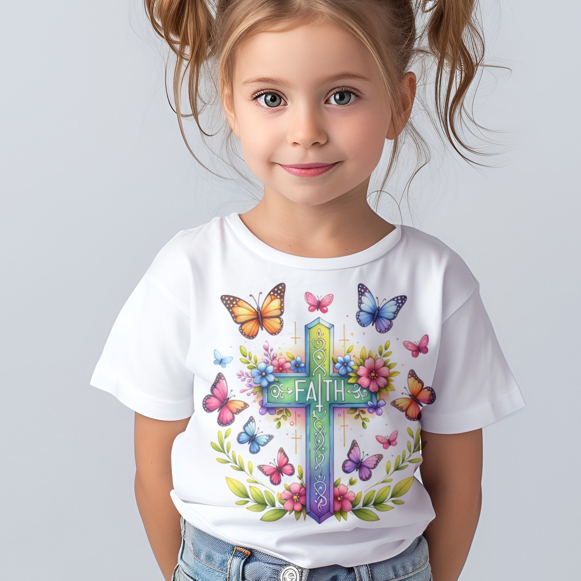 Faith Cross and Butterflies Toddler Short Sleeve Tee Size: 5/6T Color: Pink Jesus Passion Apparel