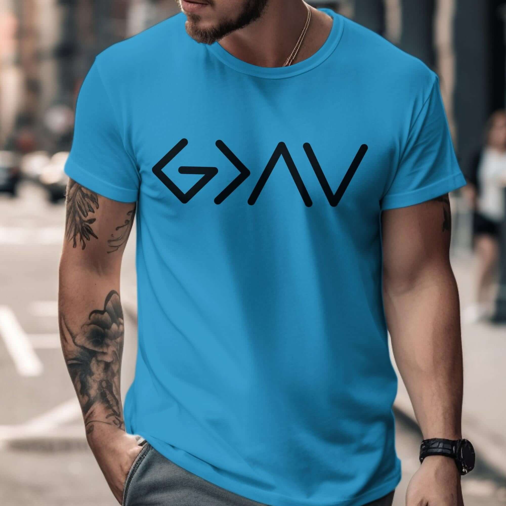 Greater Than the Highs and Lows Men's Jersey Short Sleeve Tee Size: XS Color: Aqua Jesus Passion Apparel