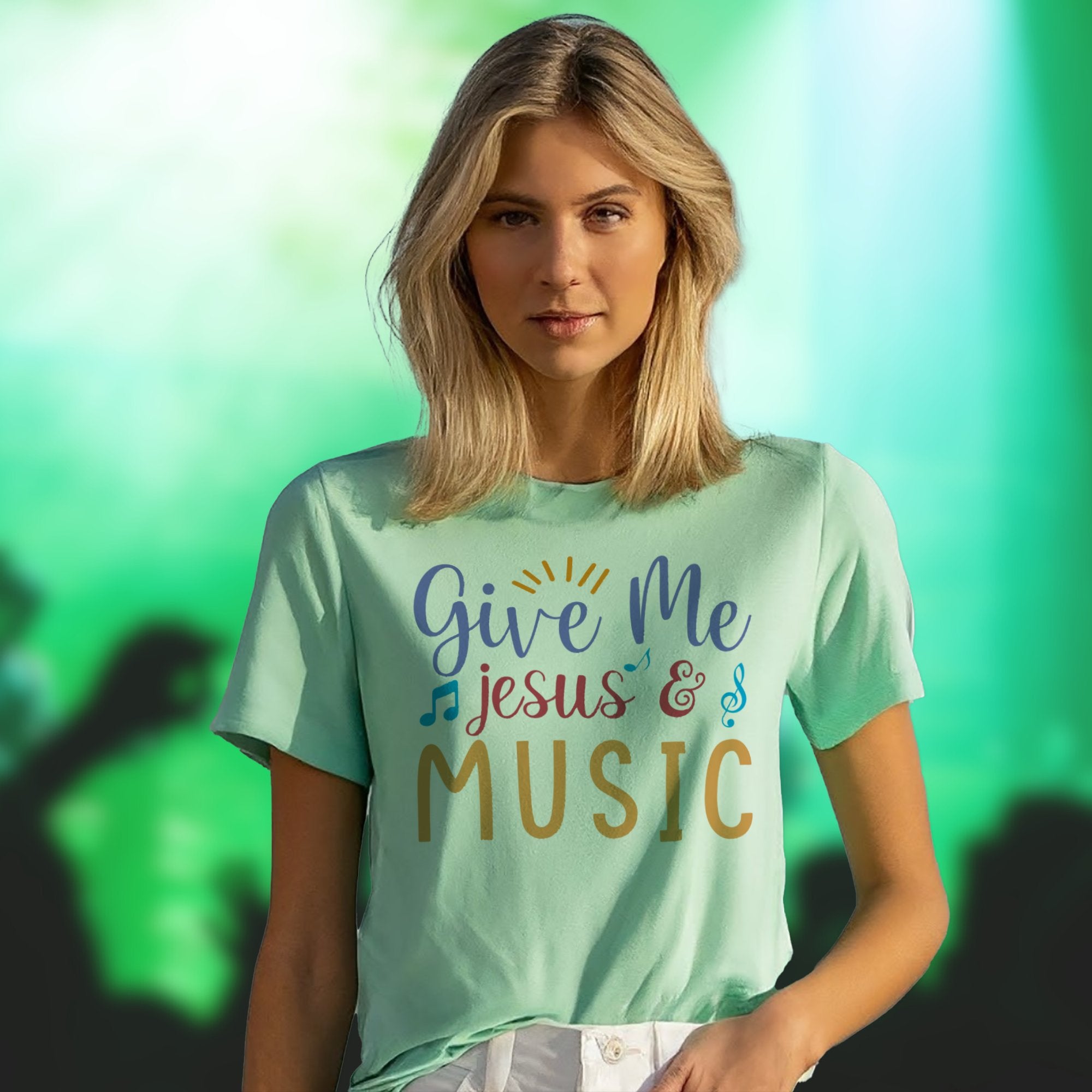 Give Me Music and Jesus Colorful Detail Women's Jersey Short Sleeve T-Shirt Size: XS Color: Mint Jesus Passion Apparel