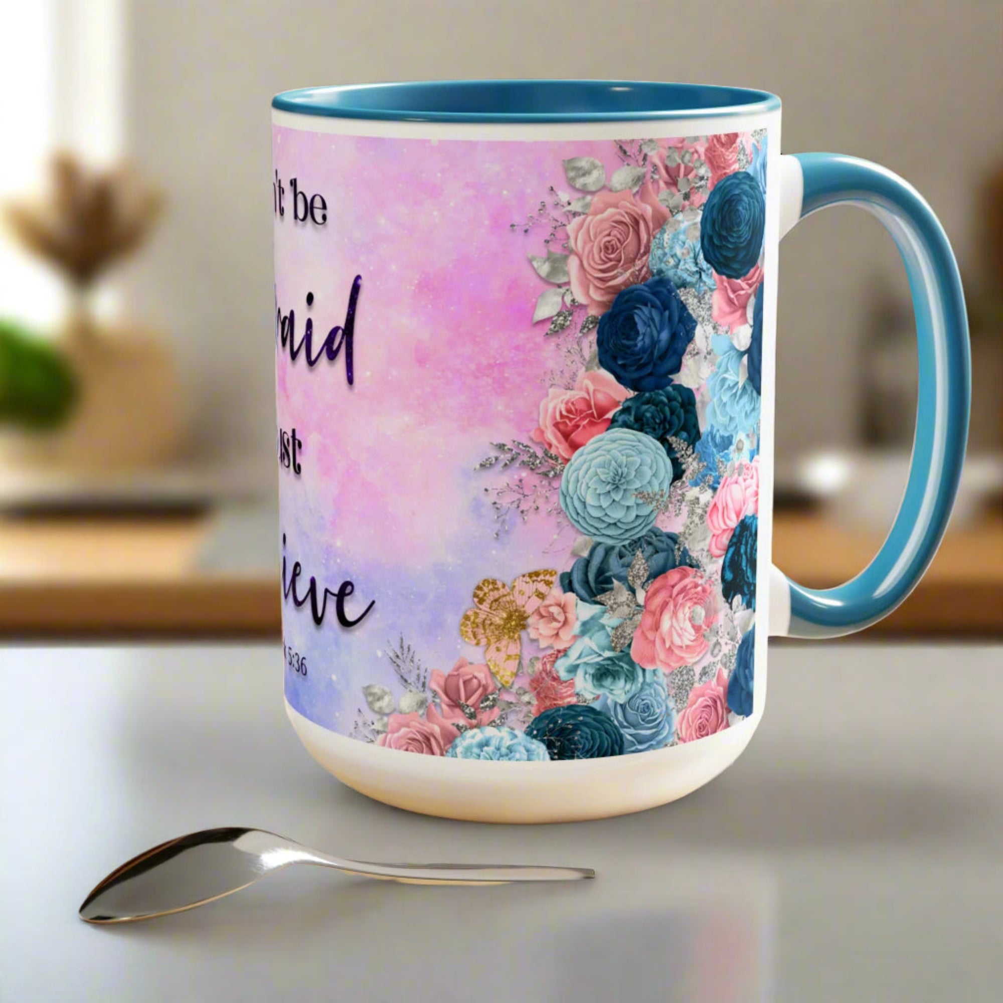 Don't Be Afraid Just Believe Blue or Pink Two - Tone Coffee Mug, 15oz - Jesus Passion Apparel