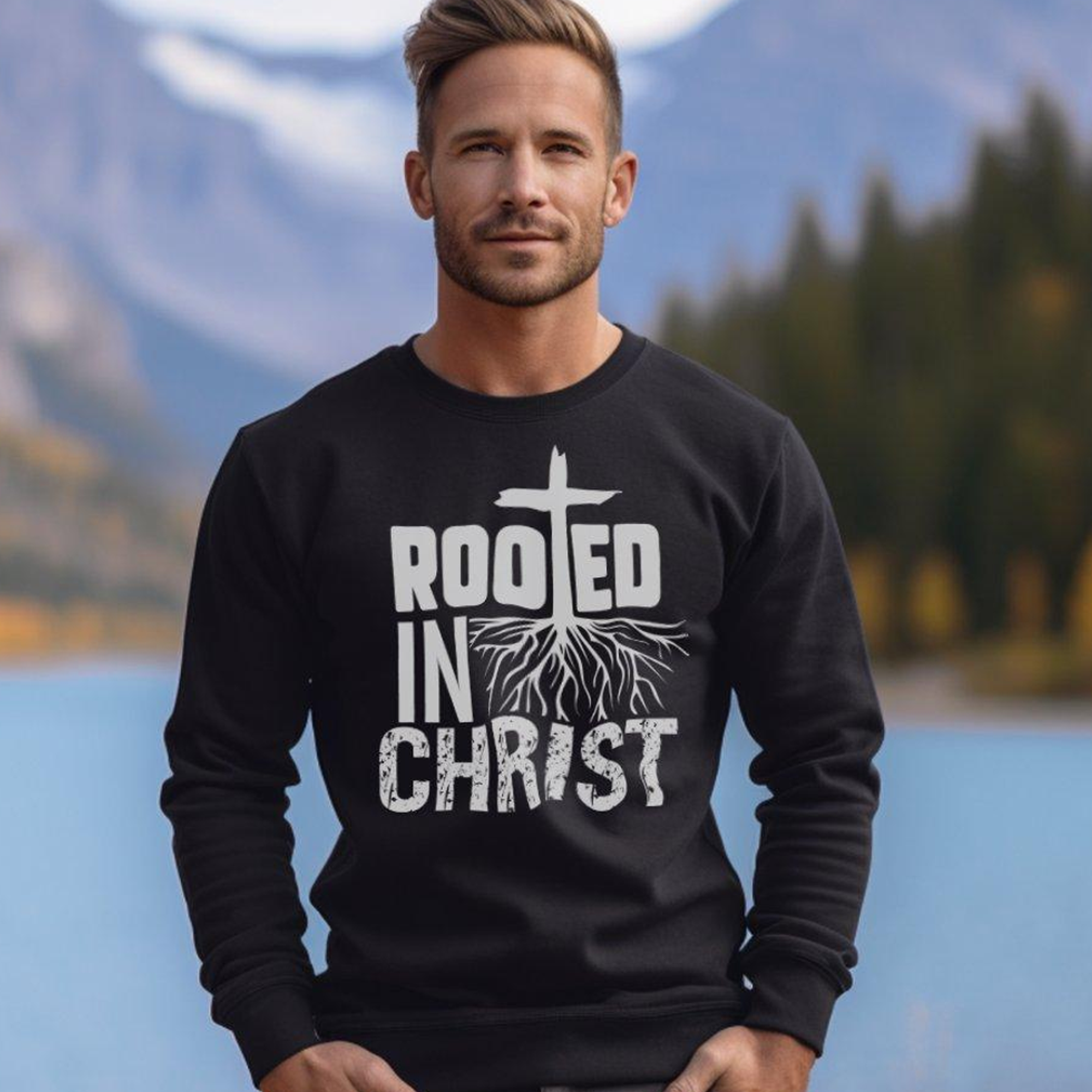 Rooted in Christ Men's Fleece Unisex-Fit Sweatshirt - Black Size: S Color: Black Jesus Passion Apparel