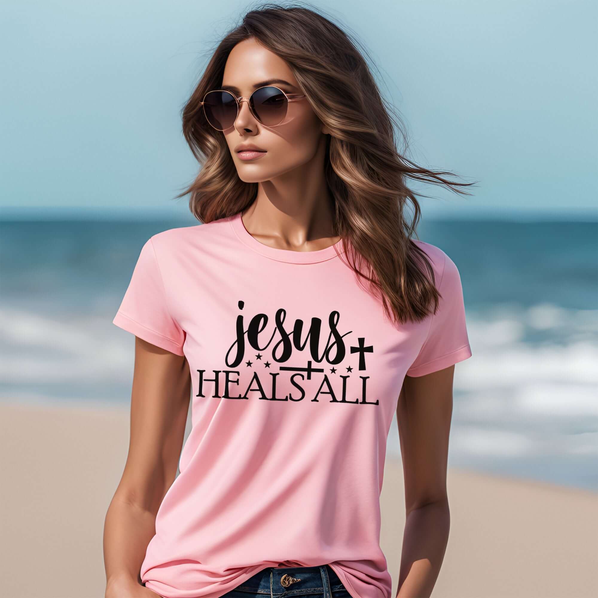 T-Shirts & TopsEmbrace your faith with this inspiring "Jesus Heals All" T-shirt. Featuring elegant calligraphy and symbolic stars and cross, this shirt is perfect for everyday wear or special church events. It's designed to offer comfort while expressing