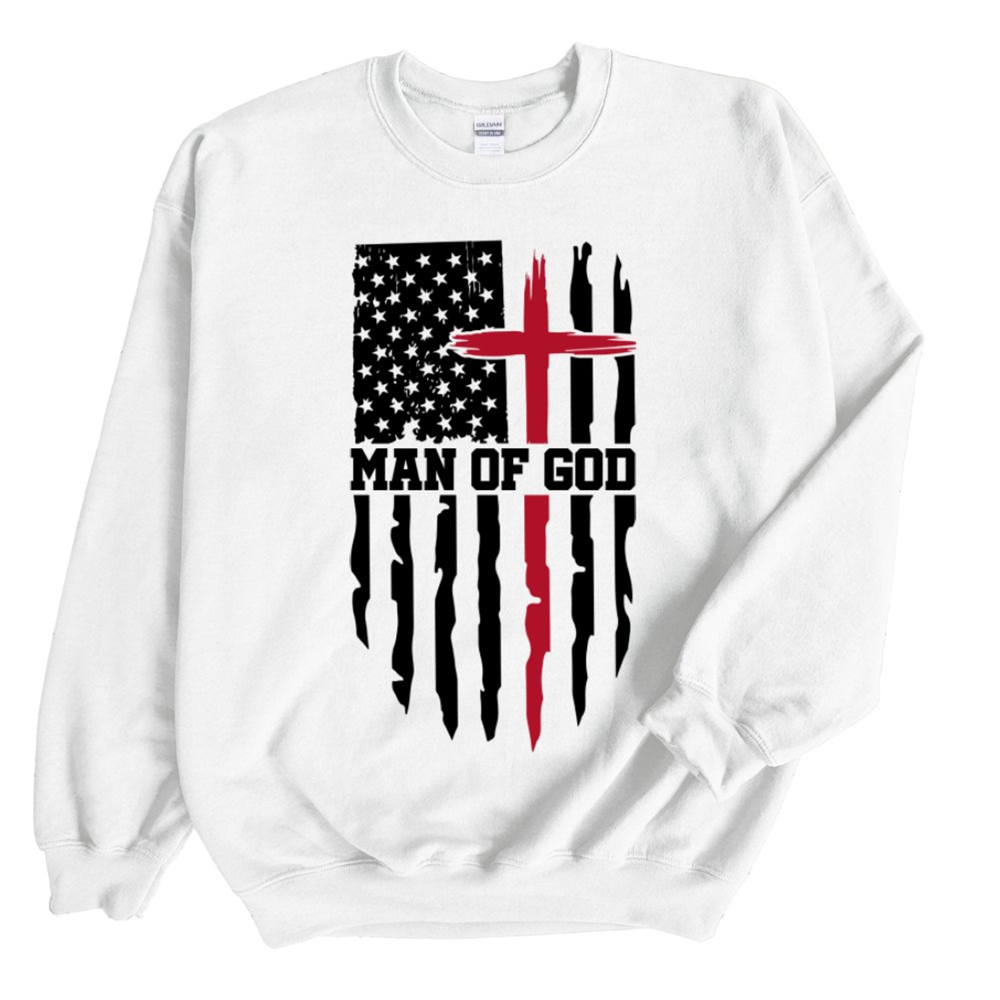 Man of God American Flag Cross Men's Unisex-Fit Fleece Sweatshirt - White Size: S Color: White Jesus Passion Apparel