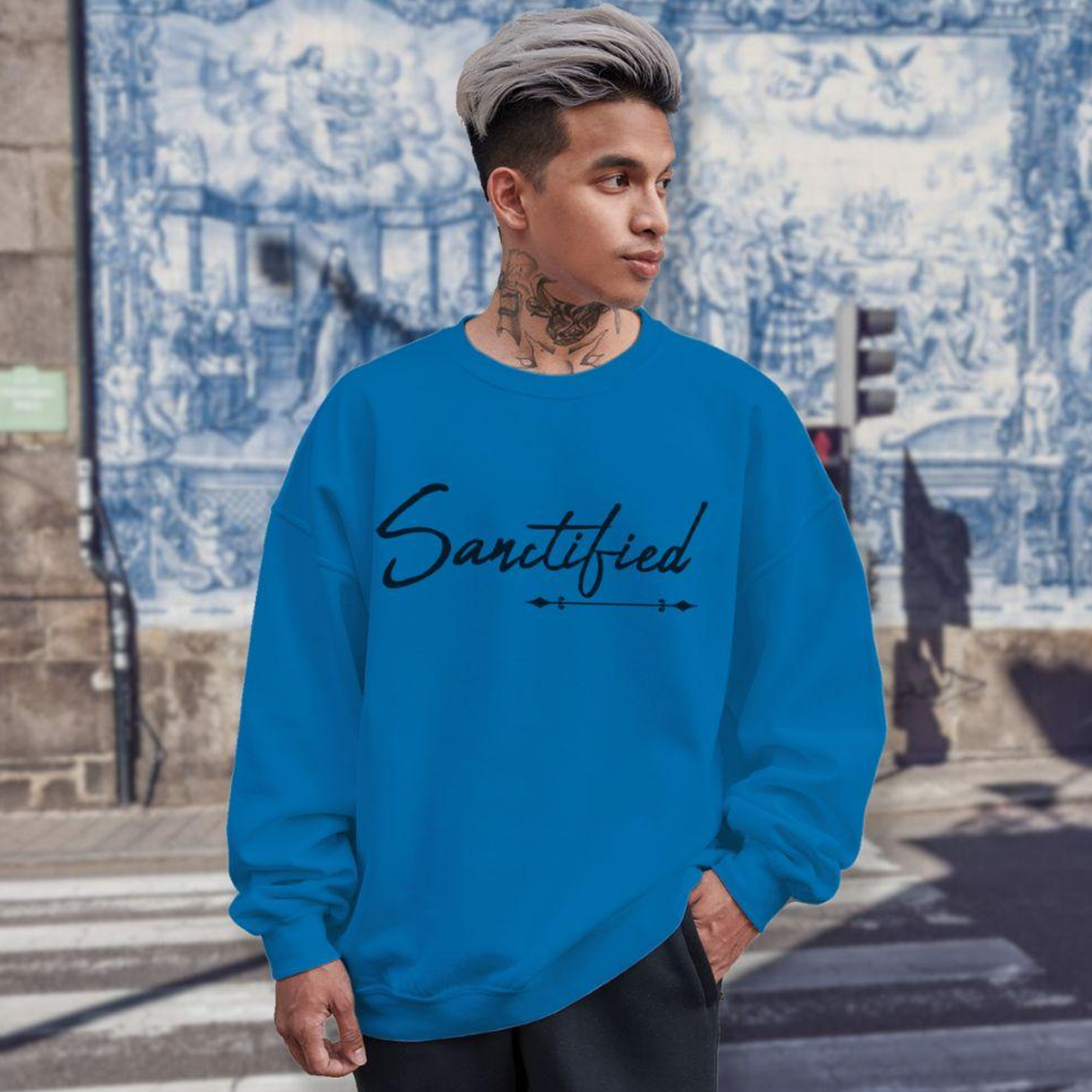 Sanctified Men's Fleece Unisex-Fit Sweatshirt - Sapphire (Royal Blue) Size: S Color: Royal Jesus Passion Apparel