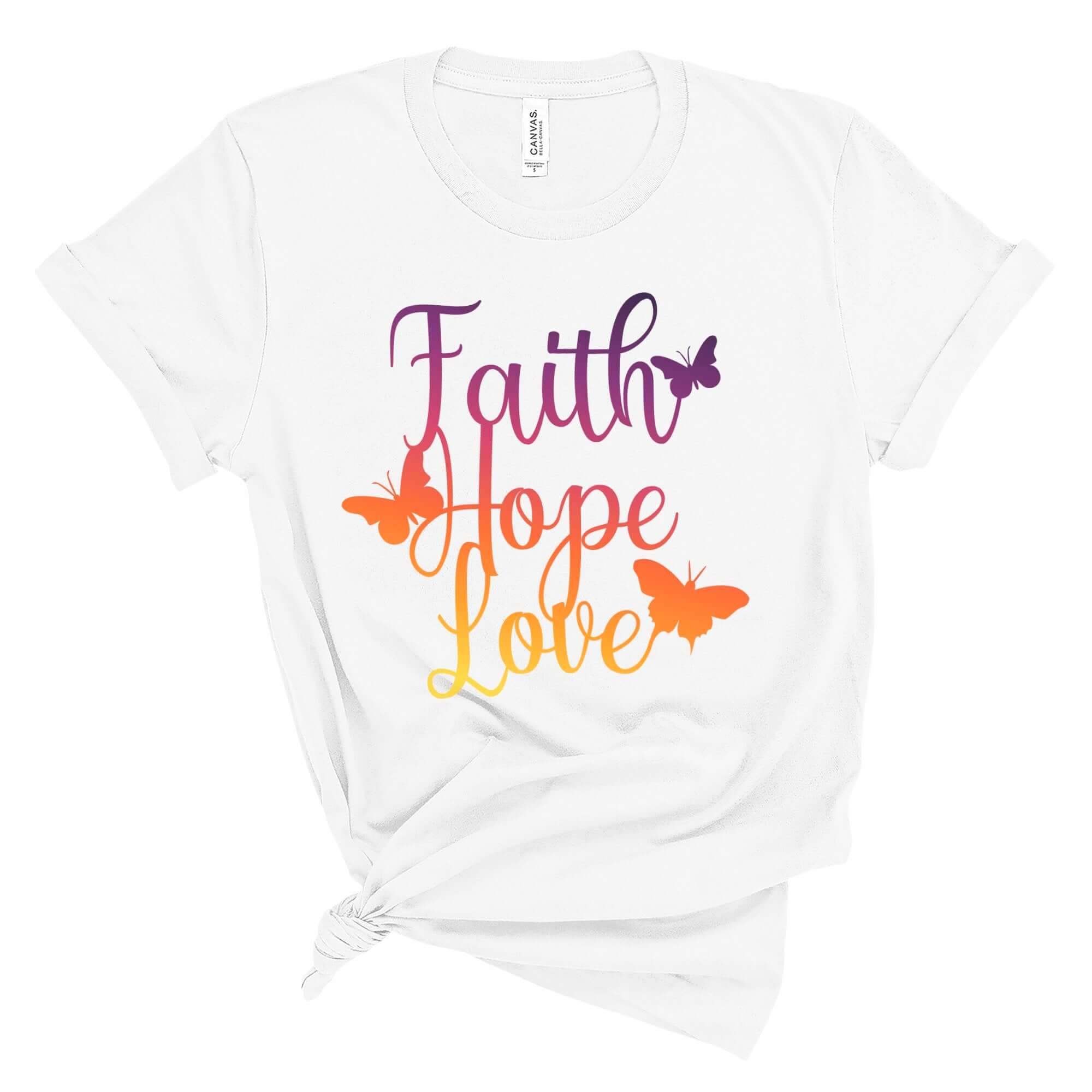 T-Shirts & TopsEmbrace a positive message with this vibrantly colored "Faith Hope Love" T-shirt, adorned with elegant butterflies. The rich gradients and inspirational words provide a daily dose of motivation, perfect for casual wear or as a thoughtful gi