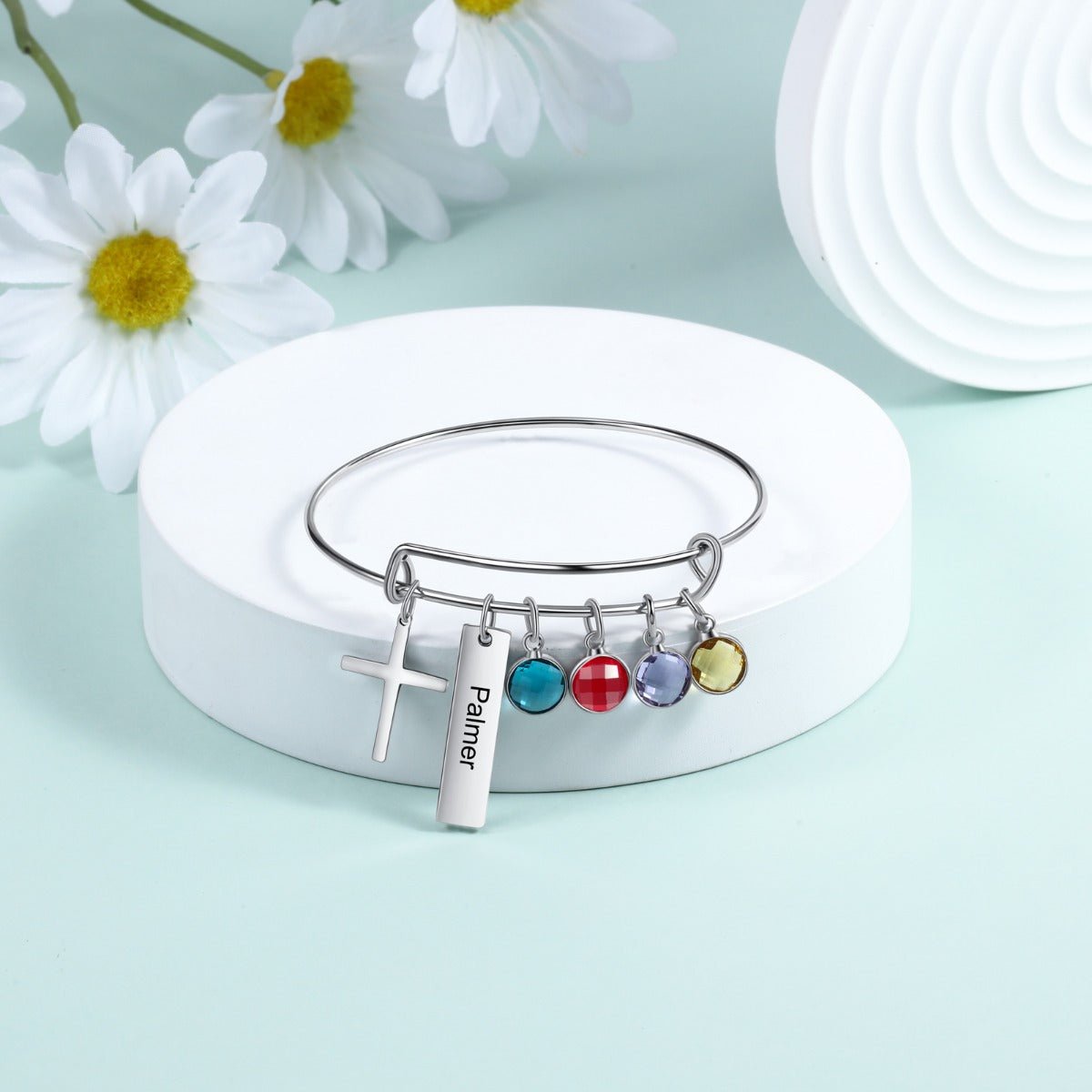 Engraved Cross Birthstone Charm Bracelet - Jesus Passion Apparel