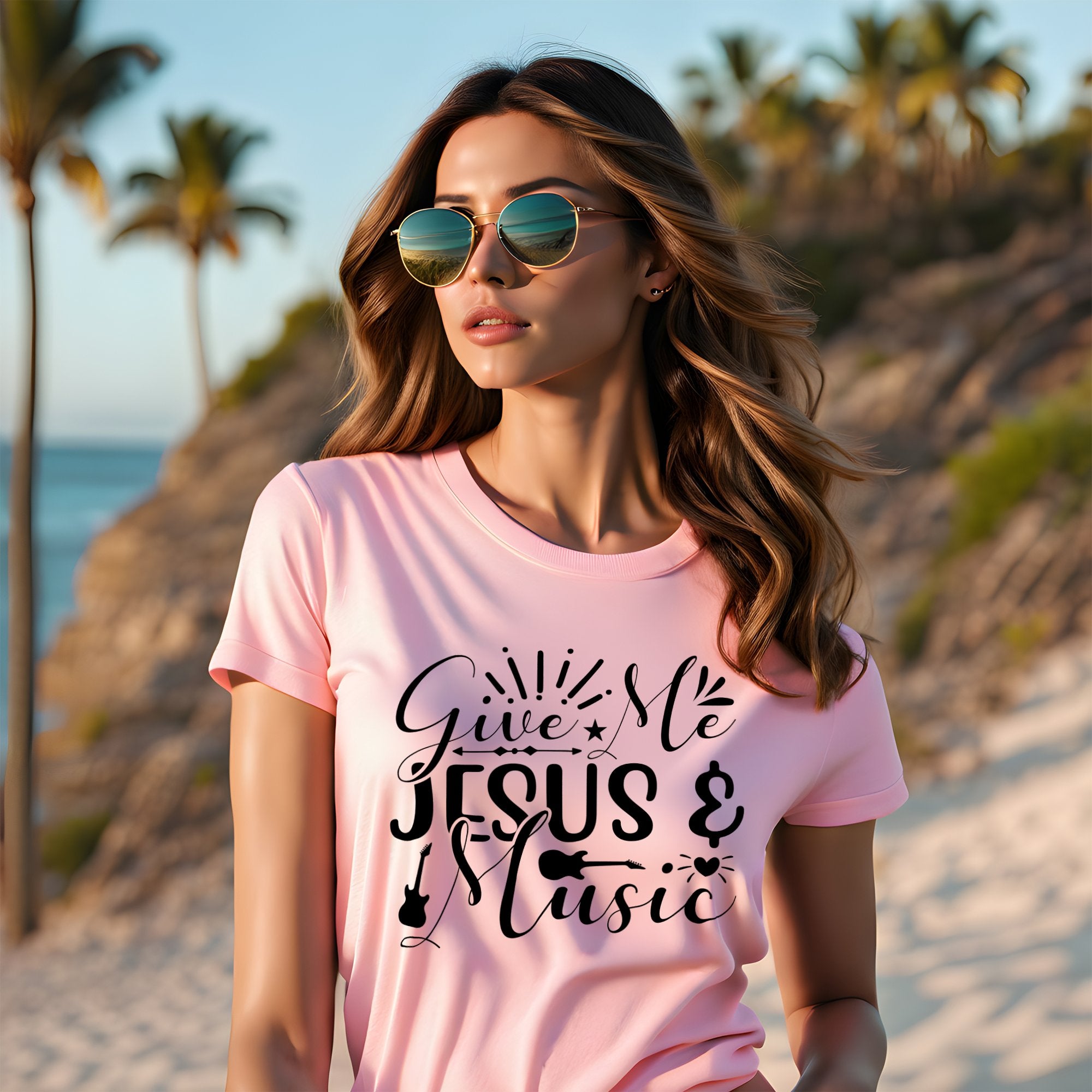 Give Me Jesus and Music Women's Jersey Short Sleeve T-Shirt Size: XS Color: Pink Jesus Passion Apparel