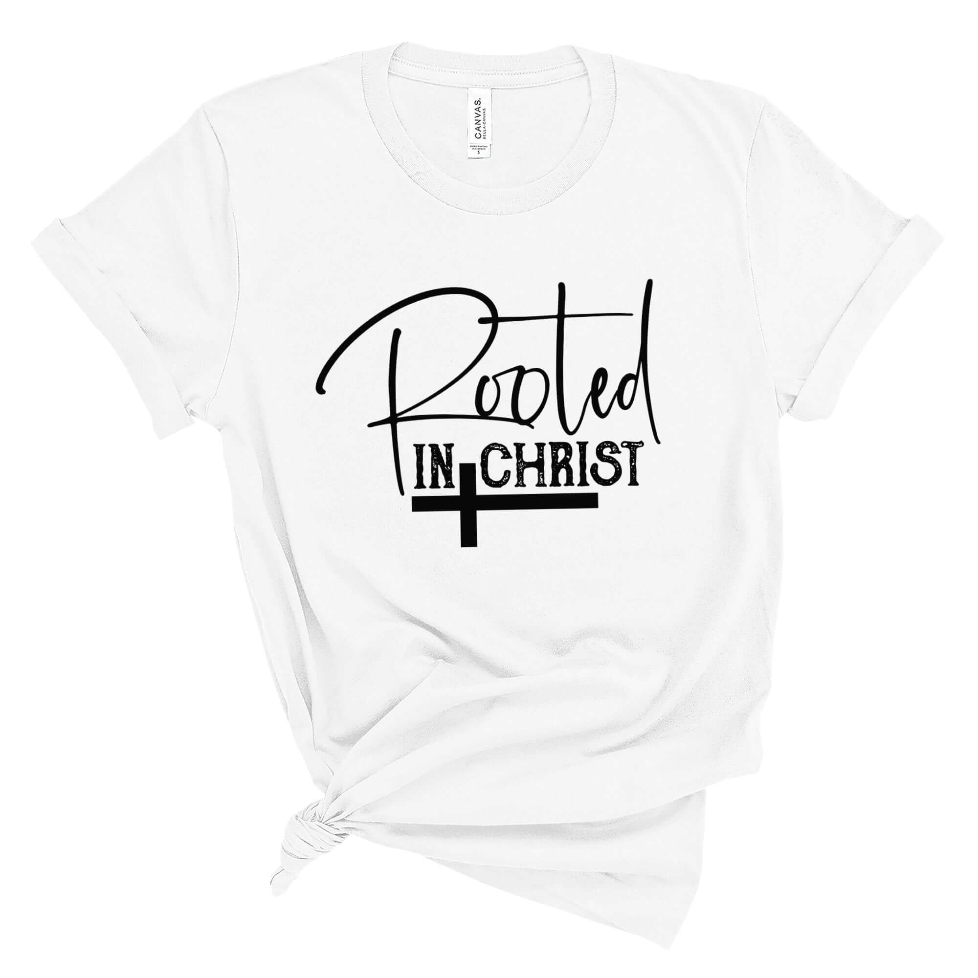 Rooted In Christ Women's Short Sleeve Tee Size: XS Color: Athletic Heather Jesus Passion Apparel