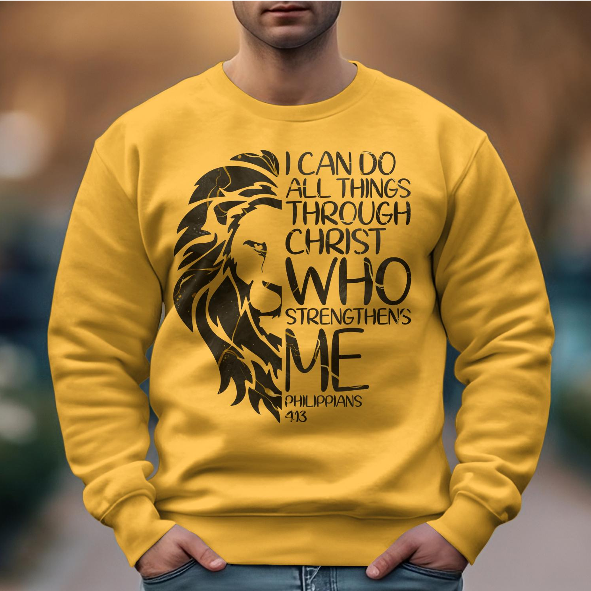 All Through Christ Men's Fleece Unisex-Fit Sweatshirt - Gold Size: S Color: Gold Jesus Passion Apparel