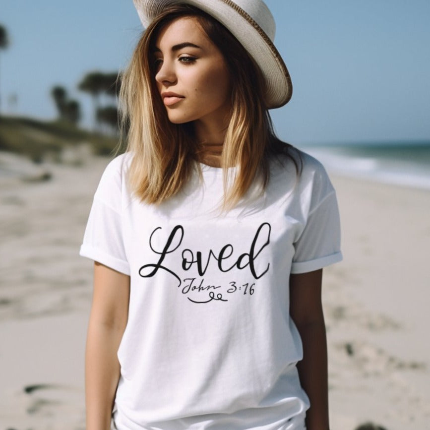 Loved Unisex Jersey Short Sleeve Tee - Black / White Product Label: T-Shirts (Bella 3001#1) - Size: XS Color: Solid Black Blend Jesus Passion Apparel
