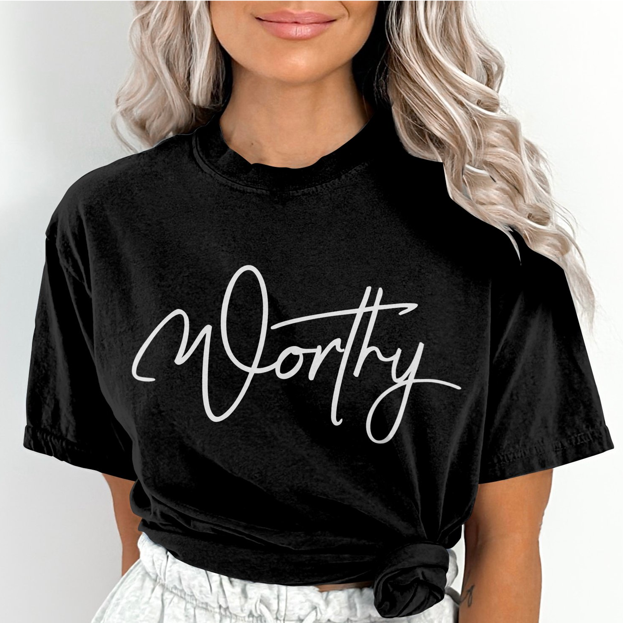 Worthy Unisex Jersey Short Sleeve Tee - Black / White Product Label: T-Shirts (Bella 3001#1) - Size: XS Color: Solid Black Blend Jesus Passion Apparel