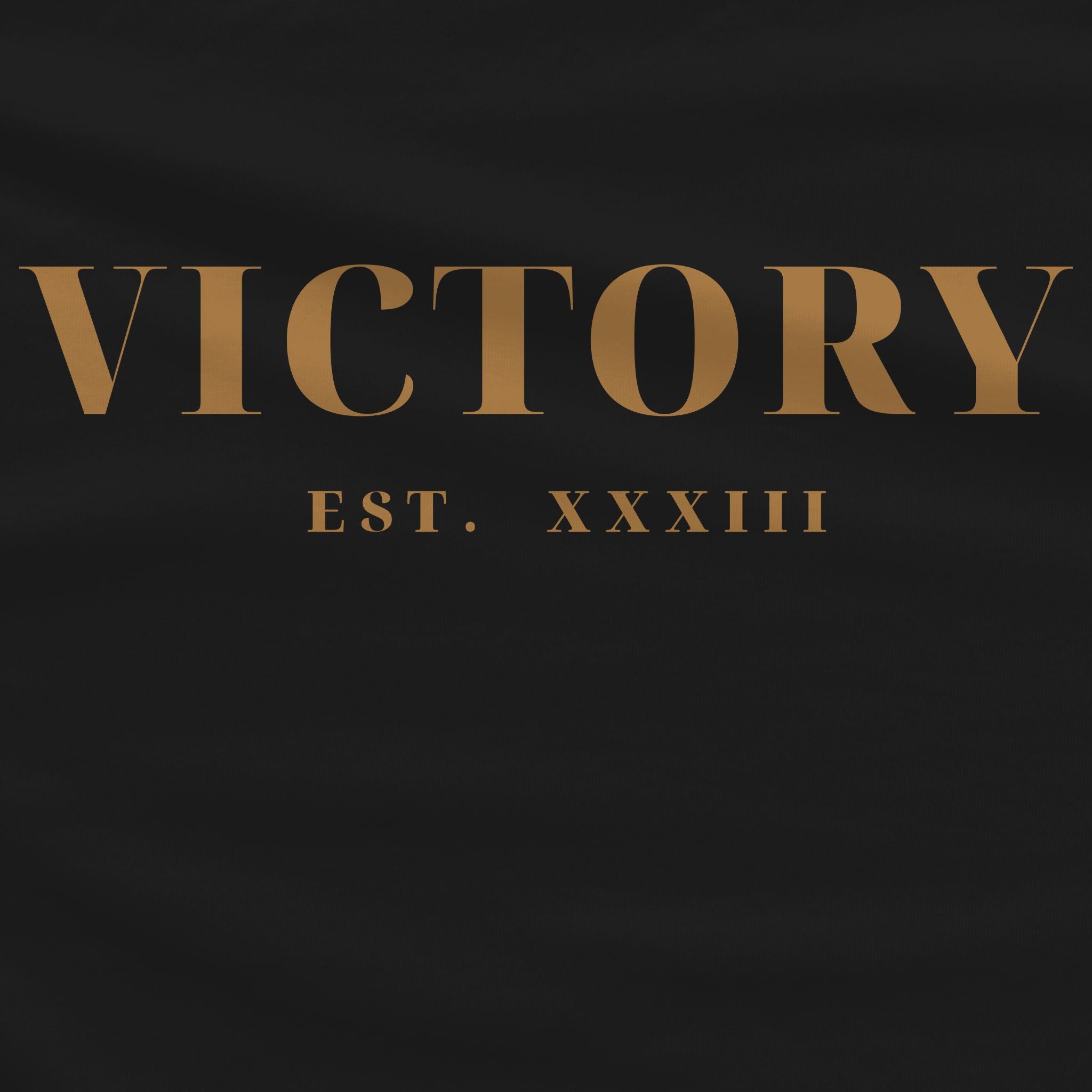 Gold 'VICTORY EST. XXXIII' text on a black background