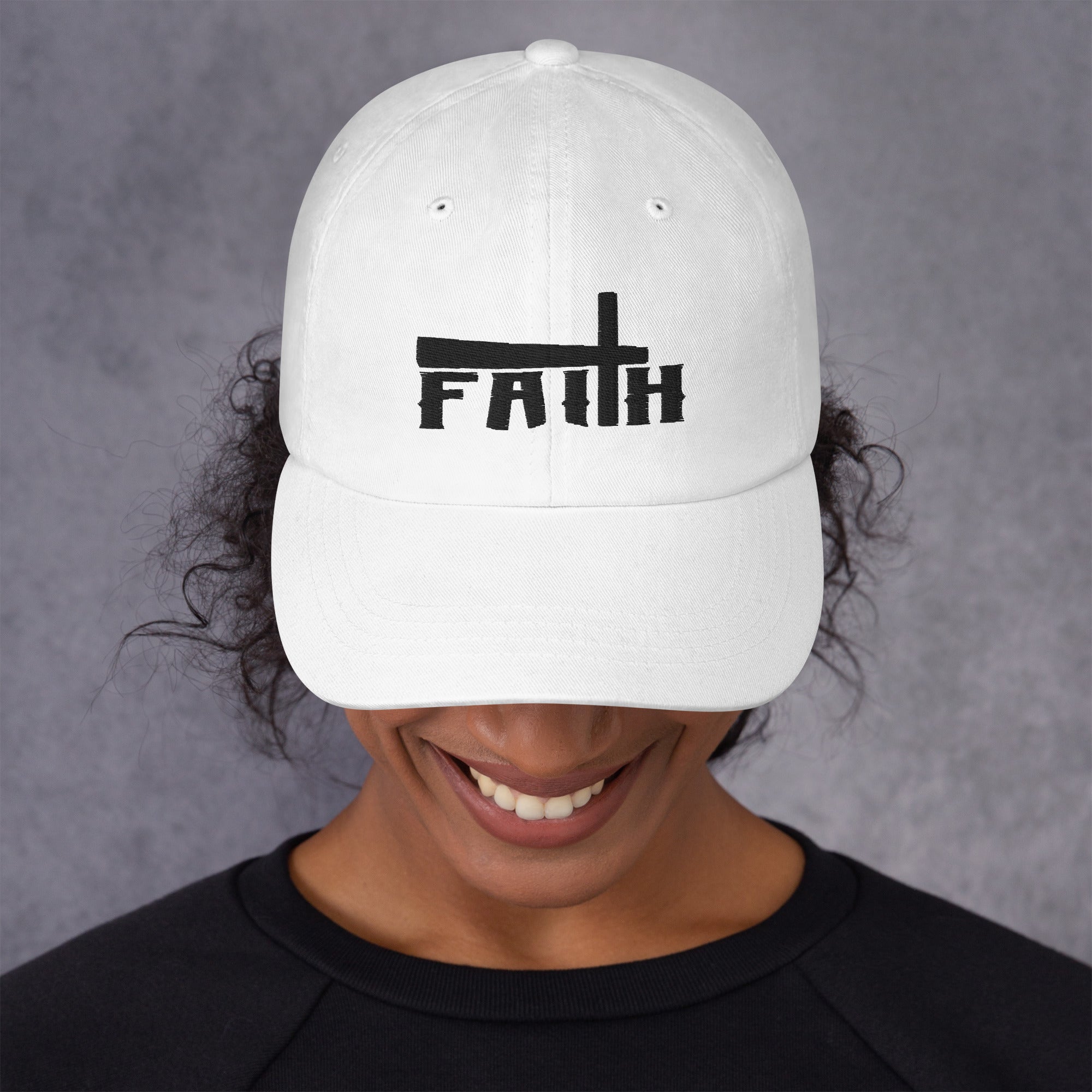 Faith and Cross Classic Dad's Cap - White with Black Embroidery - Jesus Passion Apparel