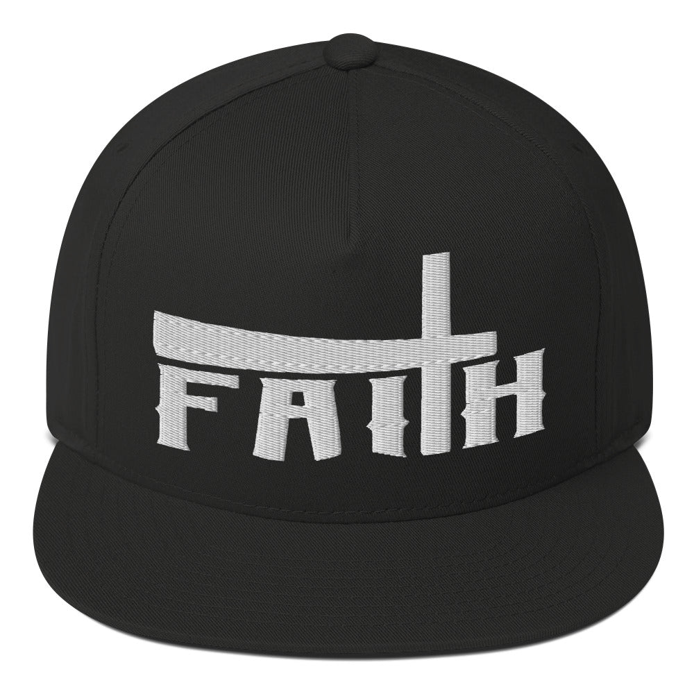 Faith and Cross Flat Bill Cap - Black with 3D White Embroidery - Jesus Passion Apparel