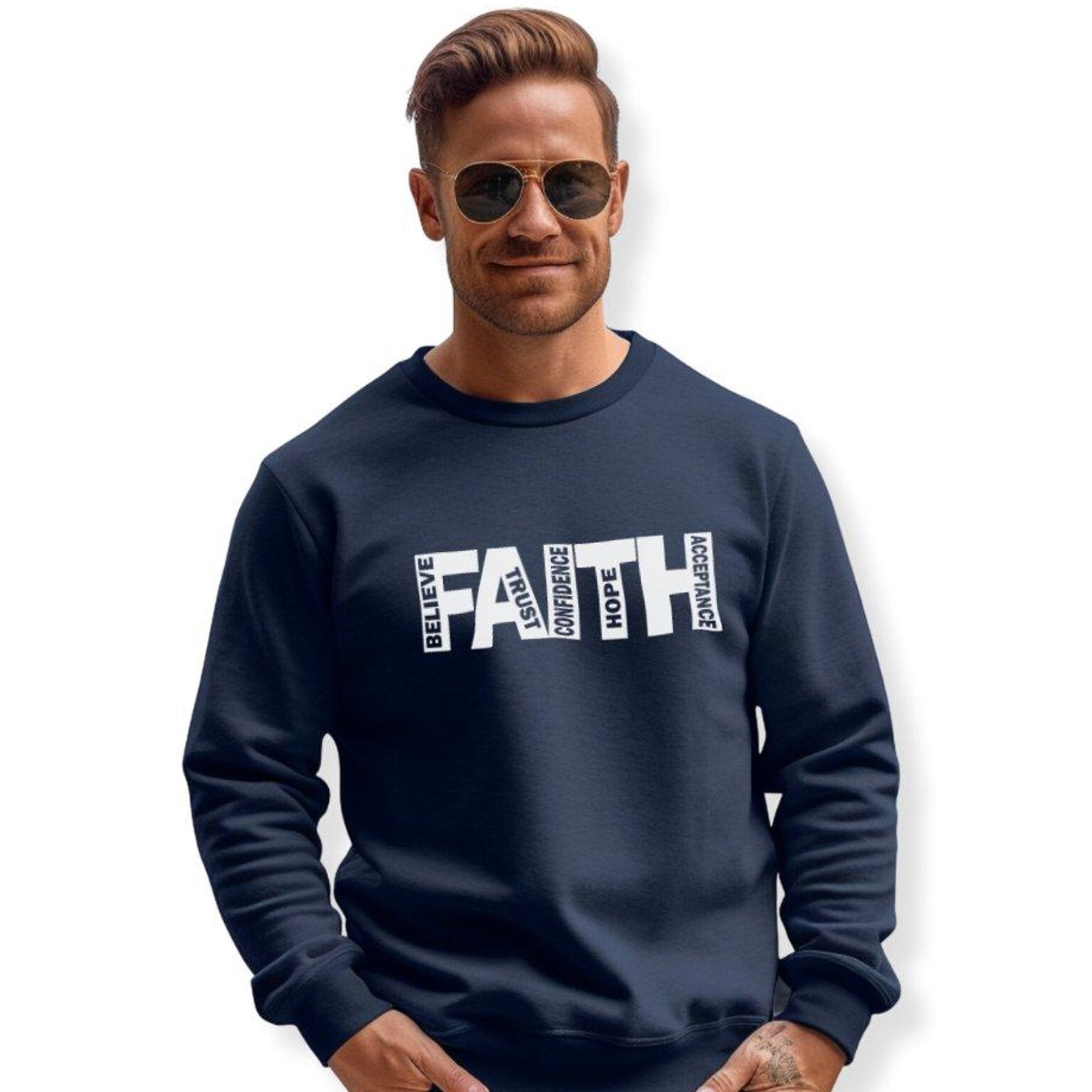 FAITH Believe Trust Hope Acceptance Adult Crewneck Sweatshirt - Navy - Jesus Passion Apparel