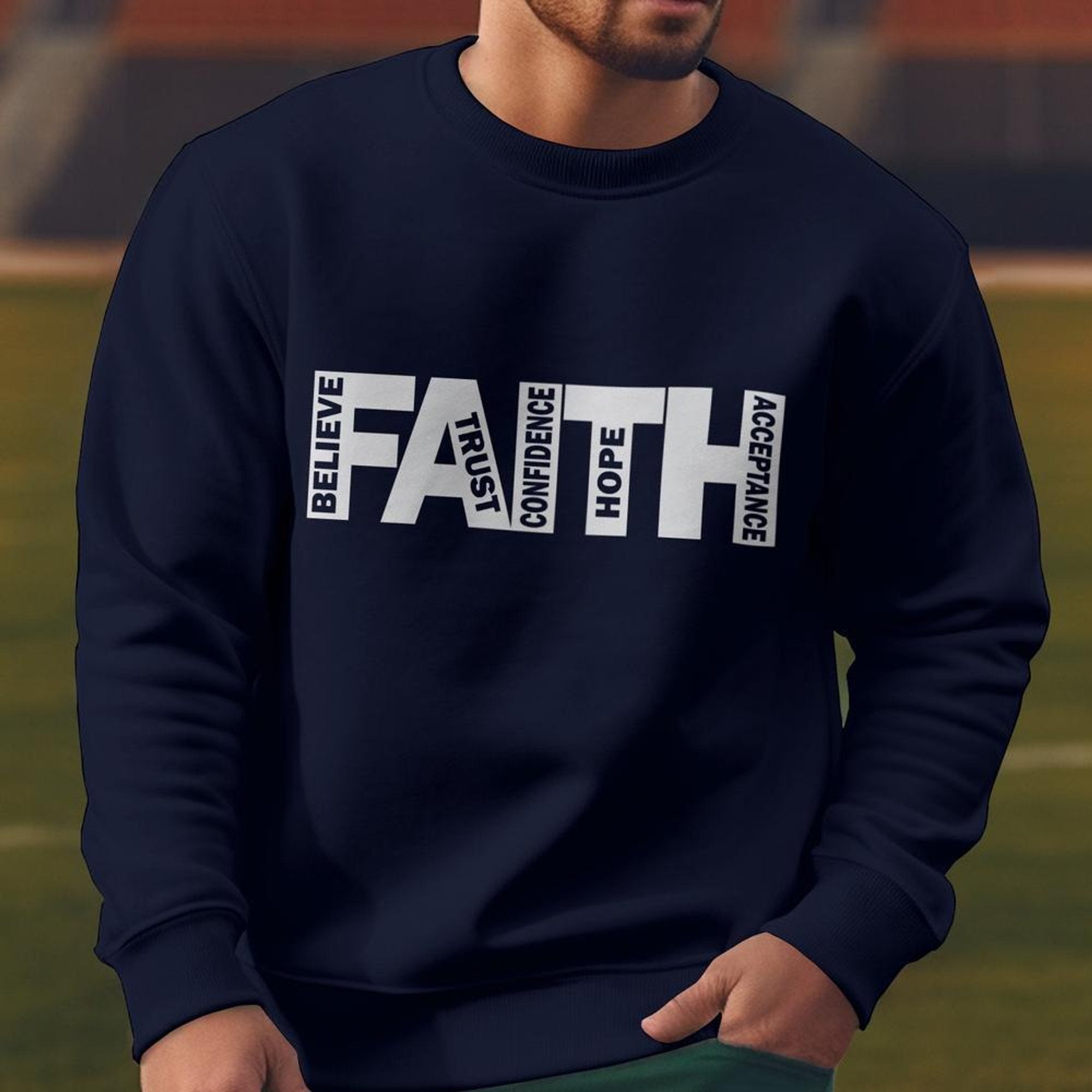 FAITH Believe Trust Hope Acceptance Adult Crewneck Sweatshirt - Navy - Jesus Passion Apparel