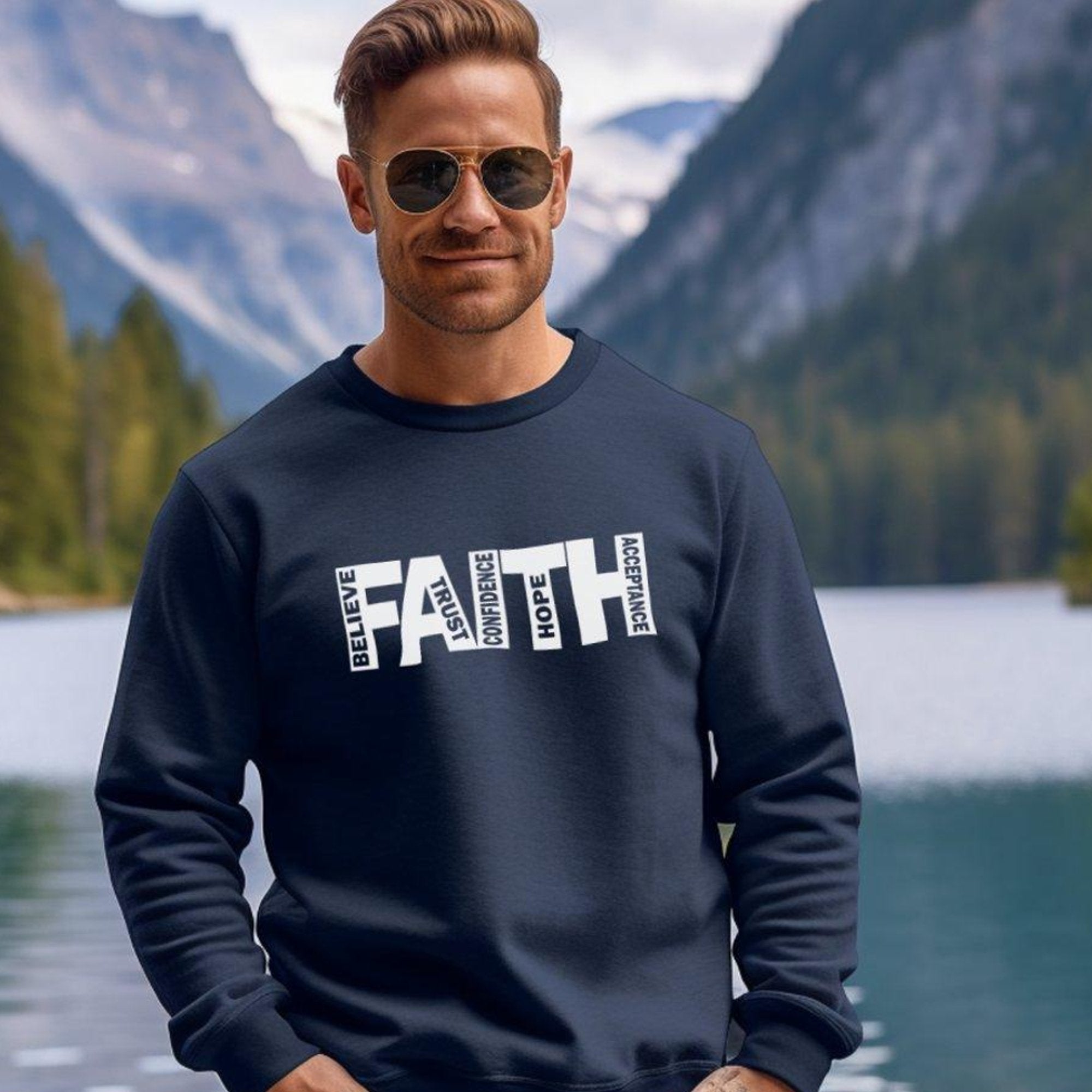 FAITH Believe Trust Hope Acceptance Adult Crewneck Sweatshirt - Navy - Jesus Passion Apparel