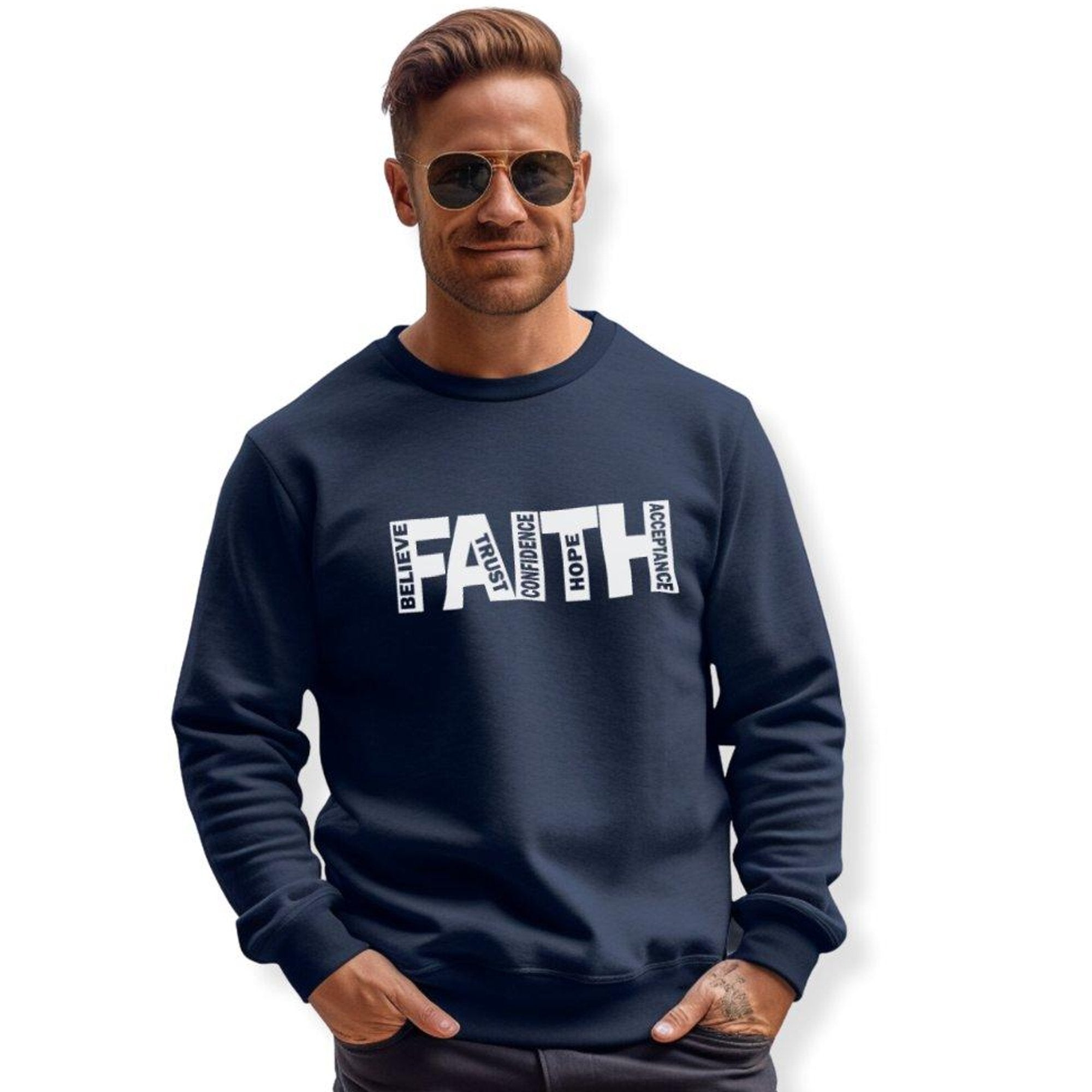 Faith Believe Trust Hope Acceptance Men's Fleece Unisex - Fit Sweatshirt - Navy - Jesus Passion Apparel