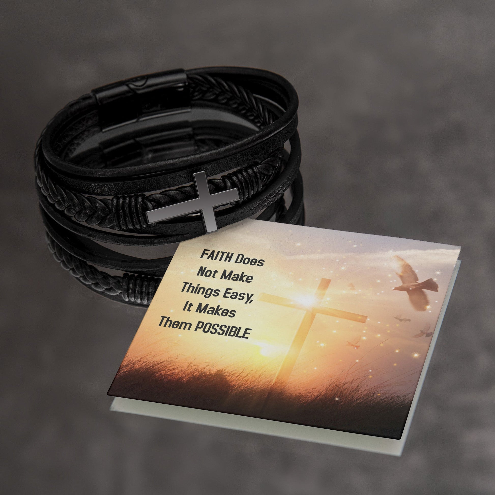 Faith Does Not Make Things Easy - Men's Cross and Black Braided Rope Bracelet - Jesus Passion Apparel