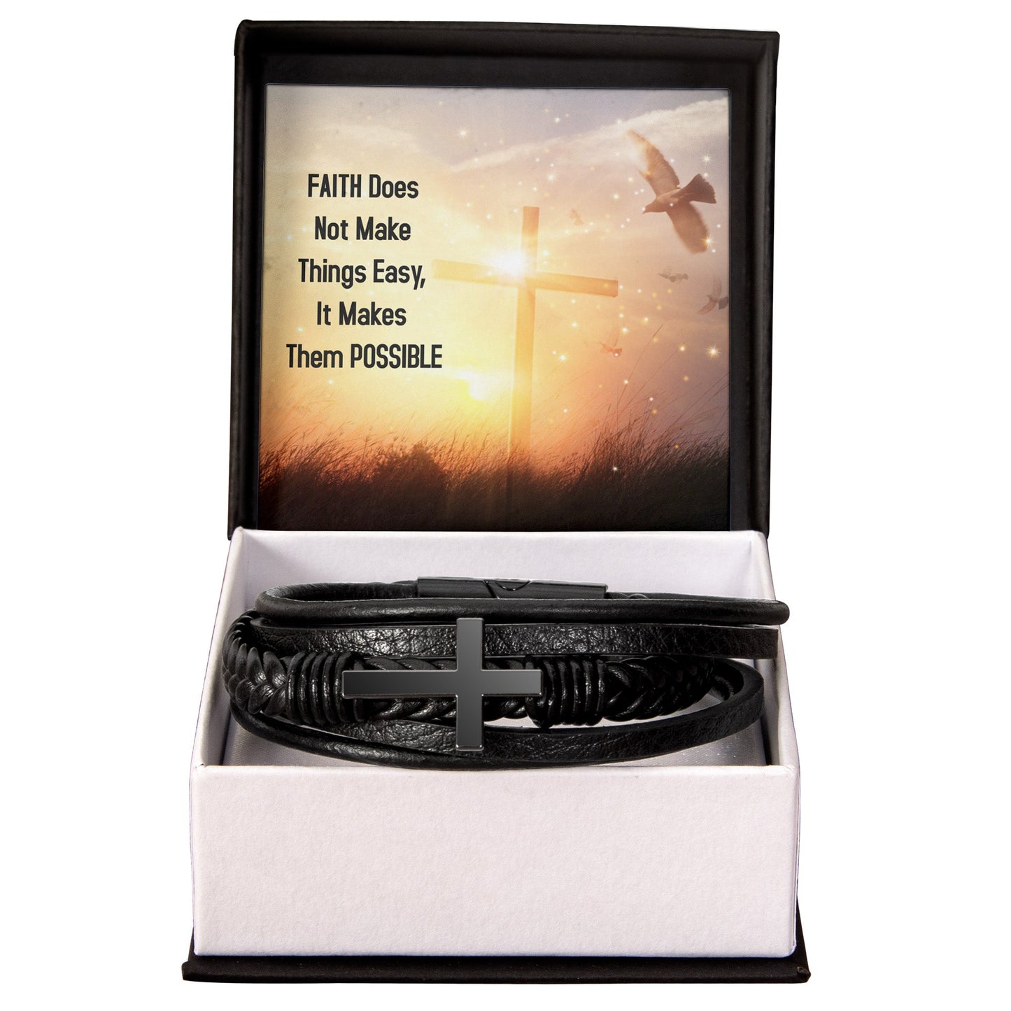 Faith Does Not Make Things Easy - Men's Cross and Black Braided Rope Bracelet - Jesus Passion Apparel