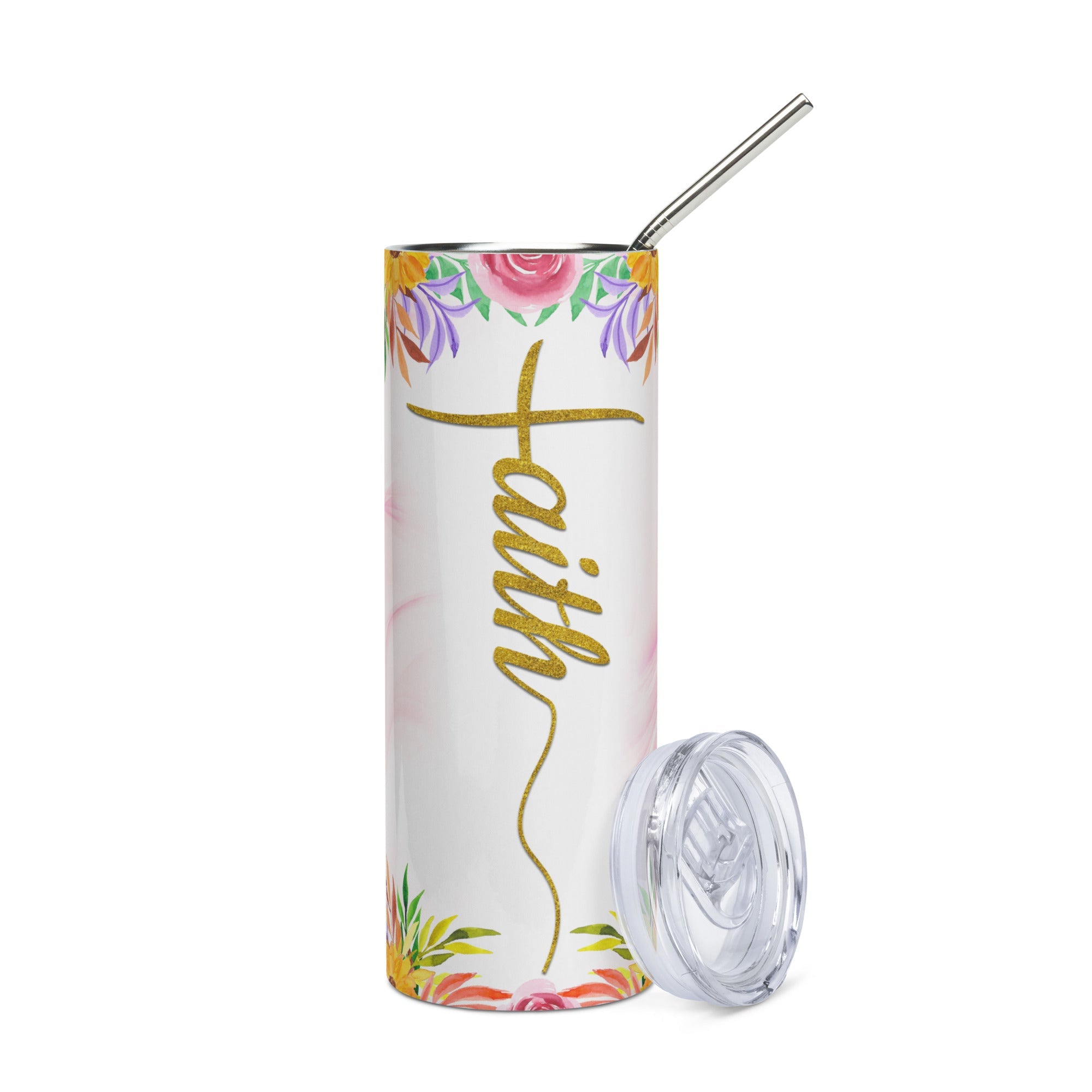 Faith Gold Pink Flowers Tumbler 20 oz - Stainless Steel Straw - Jesus Passion Apparel