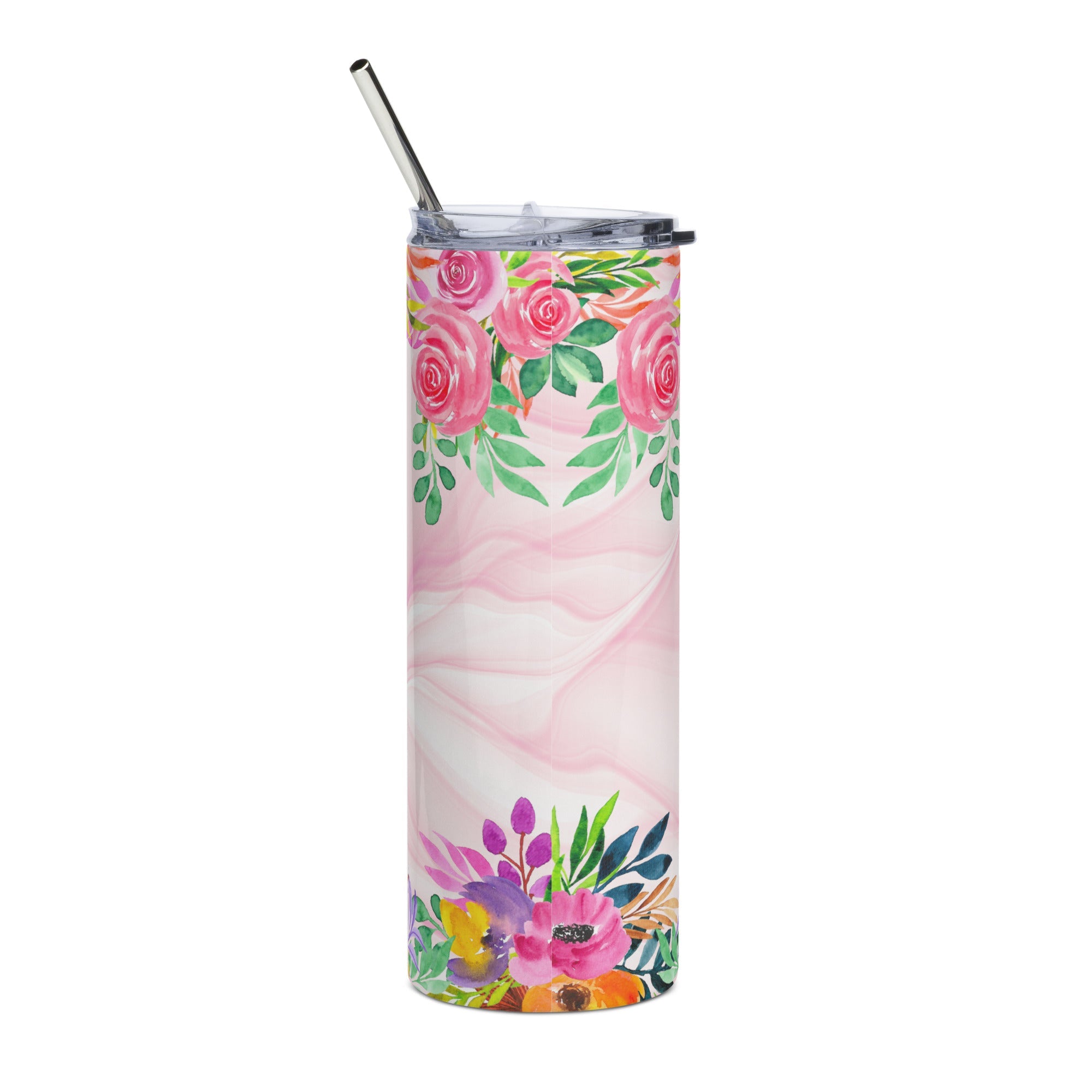 Faith Gold Pink Flowers Tumbler 20 oz - Stainless Steel Straw - Jesus Passion Apparel