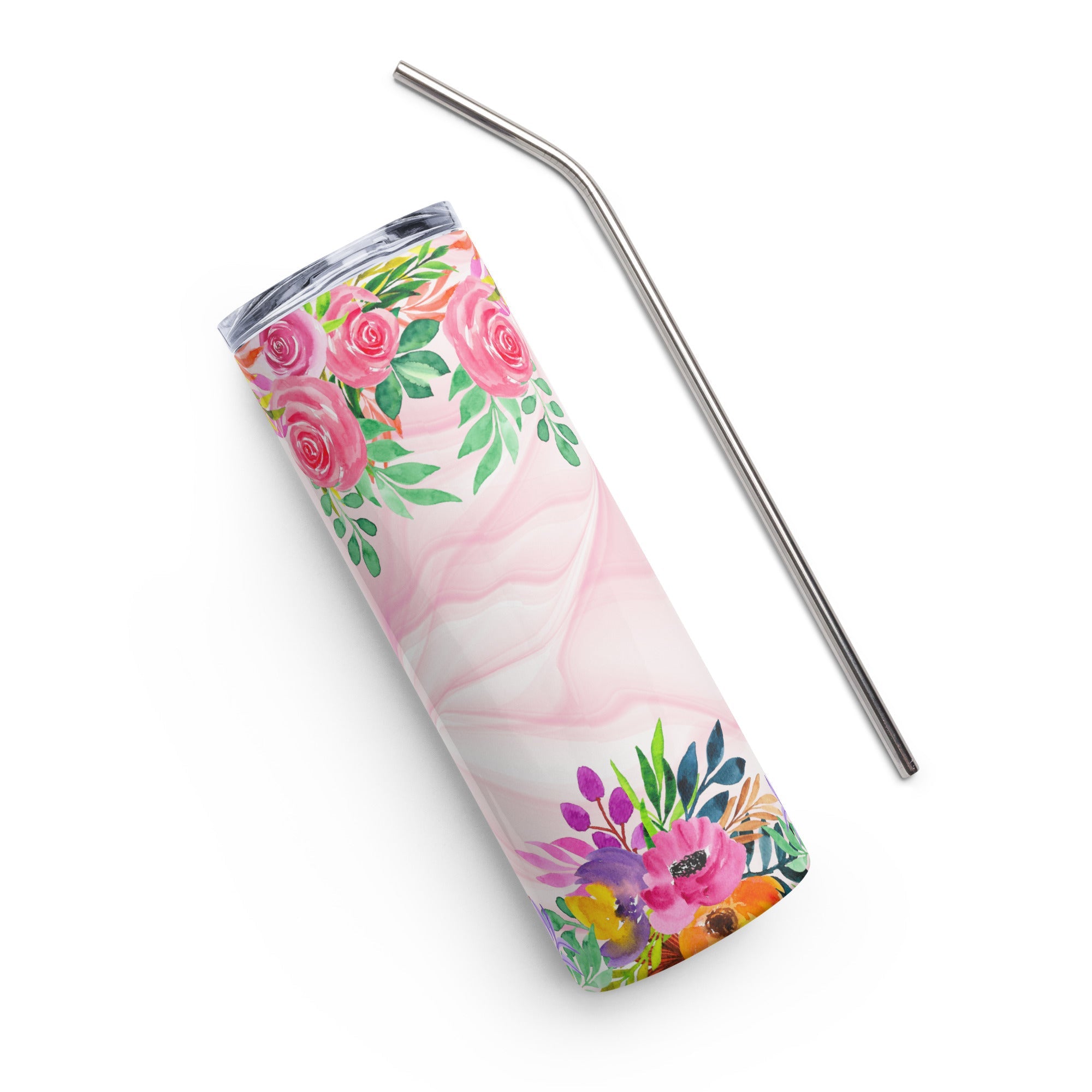 Faith Gold Pink Flowers Tumbler 20 oz - Stainless Steel Straw - Jesus Passion Apparel