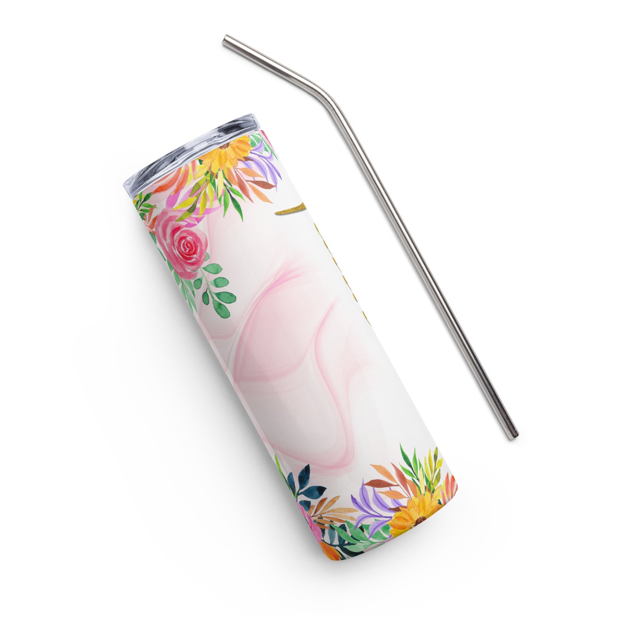 Faith Gold Pink Flowers Tumbler 20 oz - Stainless Steel Straw - Jesus Passion Apparel