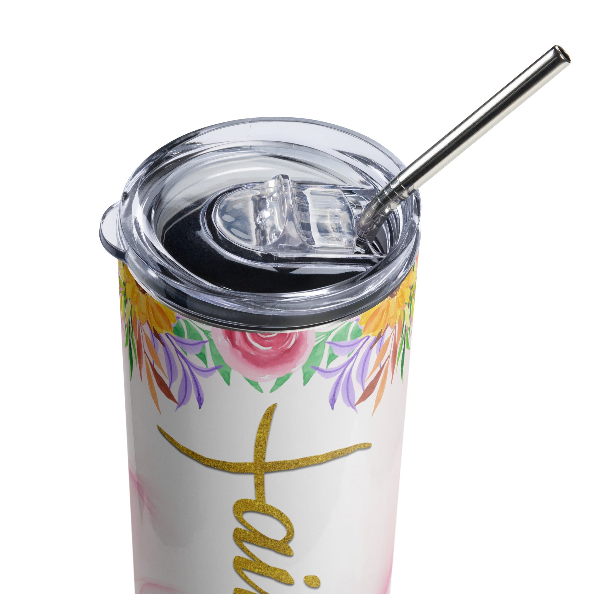 Faith Gold Pink Flowers Tumbler 20 oz - Stainless Steel Straw - Jesus Passion Apparel