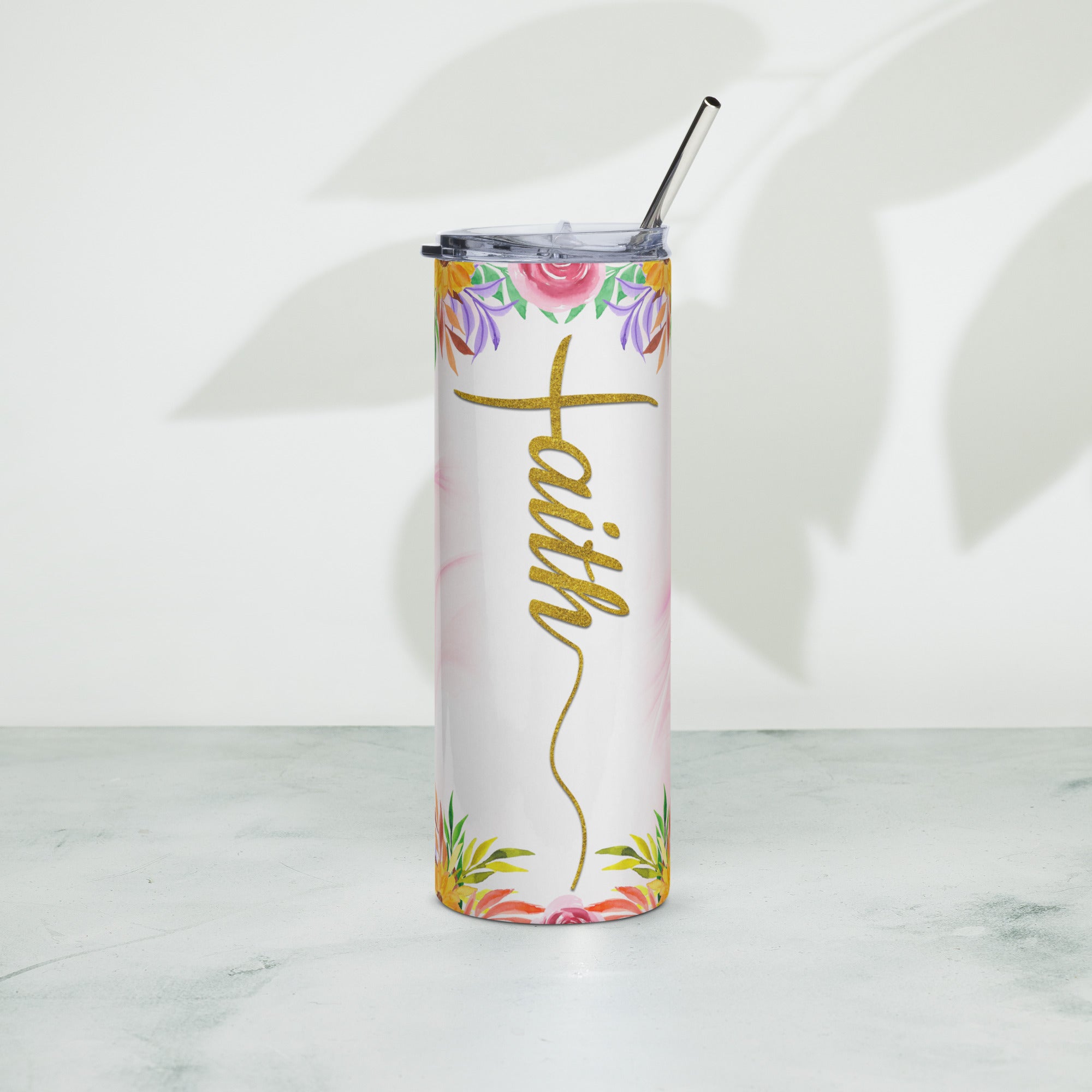 Faith Gold Pink Flowers Tumbler 20 oz - Stainless Steel Straw - Jesus Passion Apparel