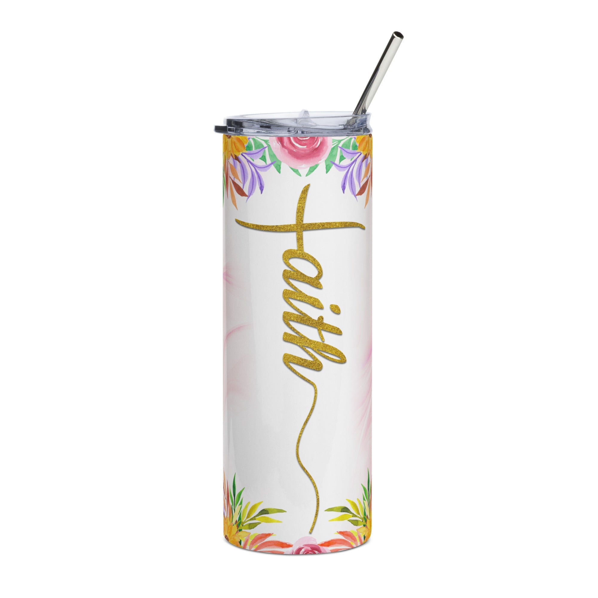 Faith Gold Pink Flowers Tumbler 20 oz - Stainless Steel Straw - Jesus Passion Apparel