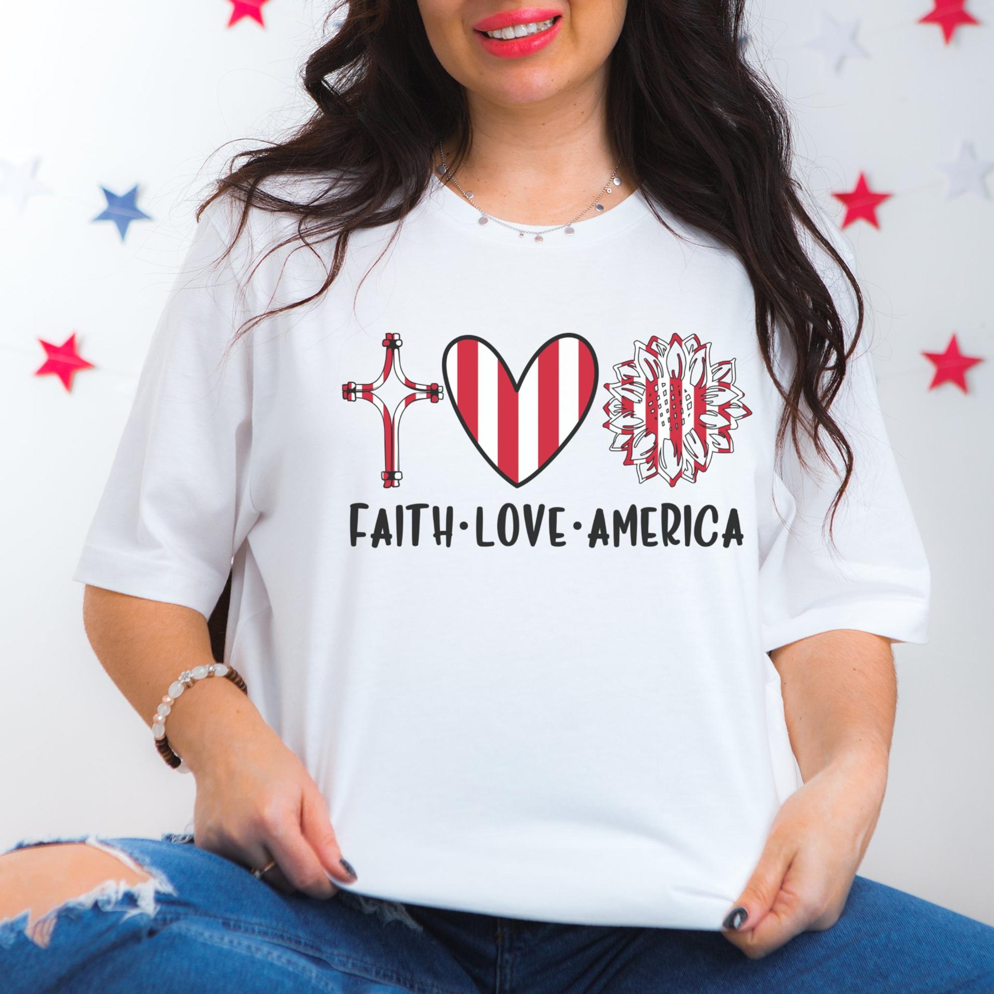 Faith Love America Women's Short Sleeve Patriotic T-Shirt - Jesus Passion Apparel