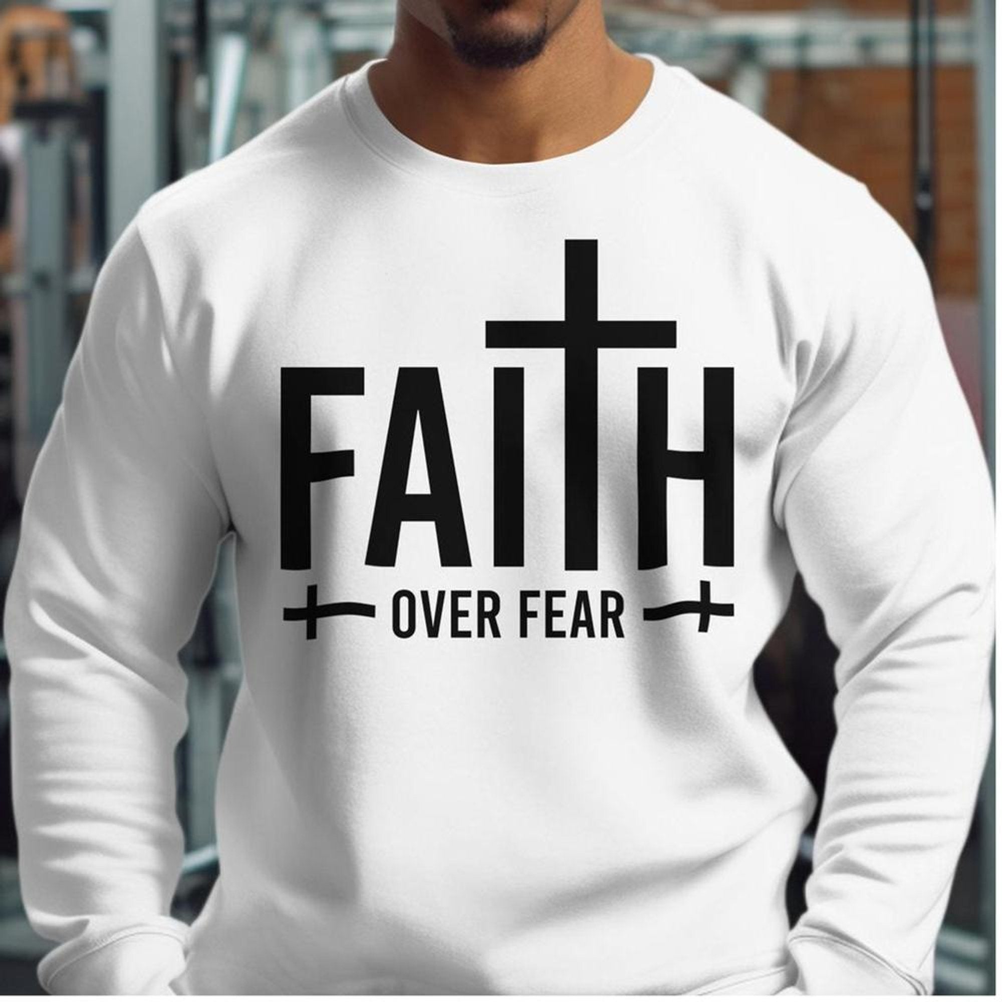 Faith over Fear Men's Fleece Unisex - Fit Sweatshirt - White - Jesus Passion Apparel