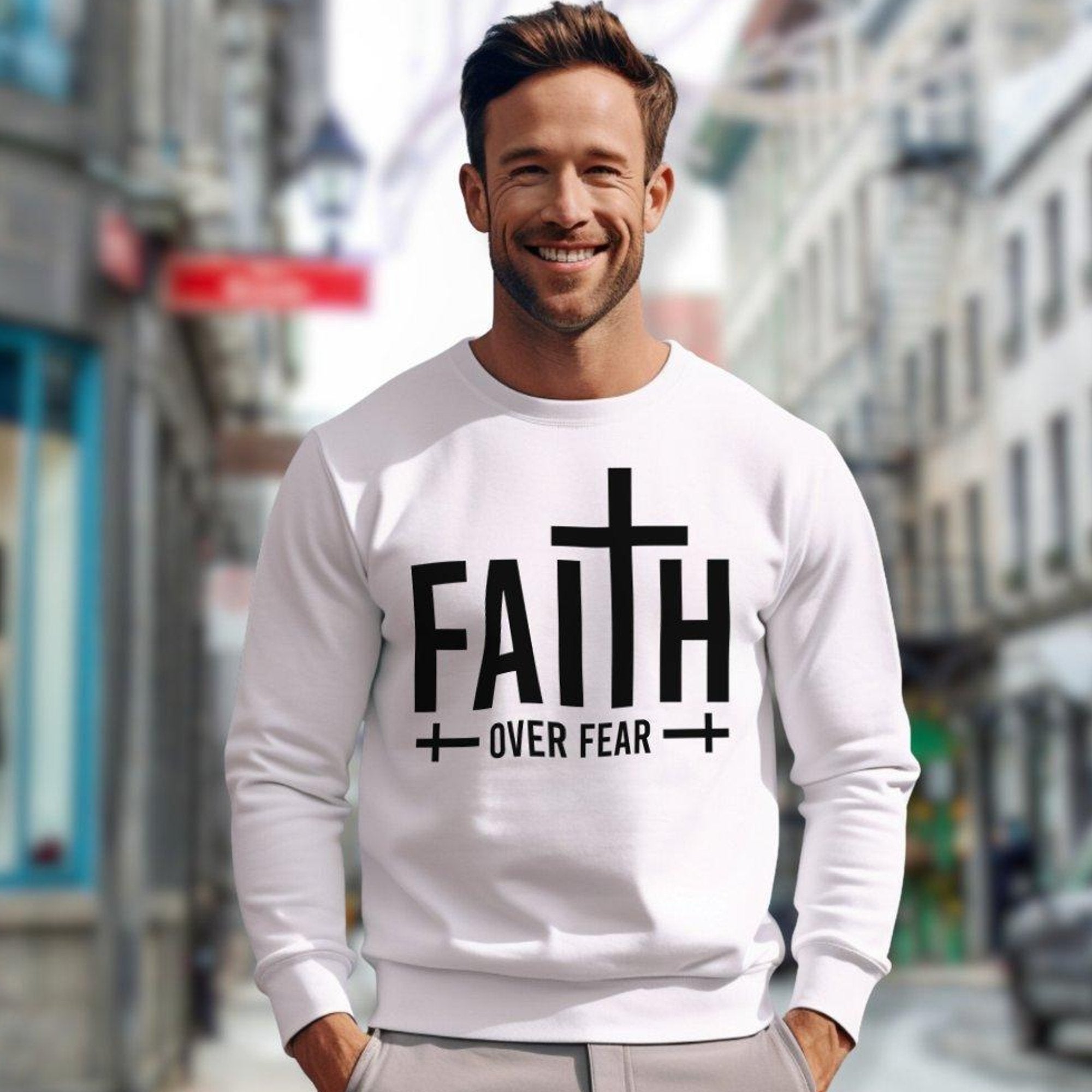 Faith over Fear Men's Fleece Unisex - Fit Sweatshirt - White - Jesus Passion Apparel