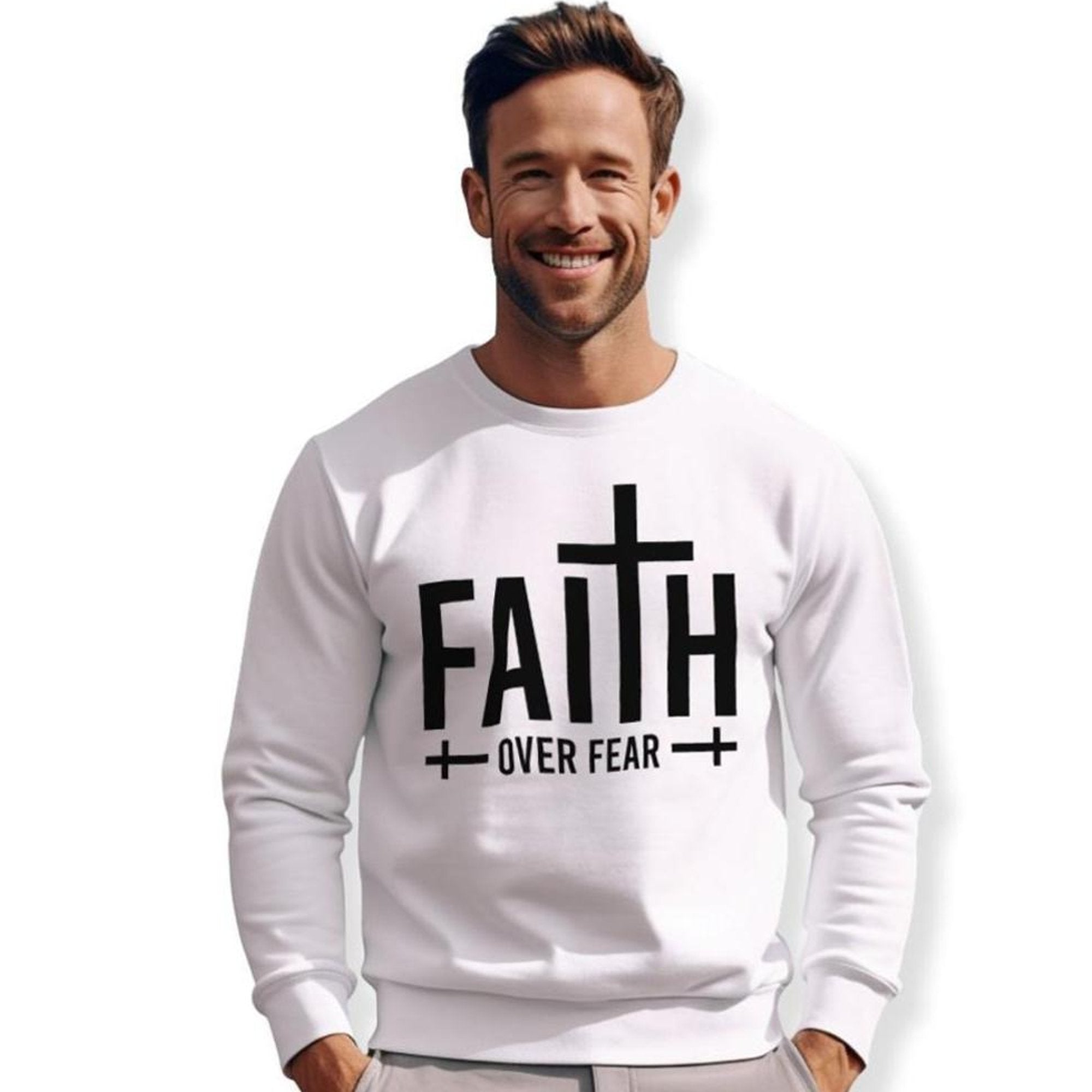 Faith over Fear Men's Fleece Unisex - Fit Sweatshirt - White - Jesus Passion Apparel