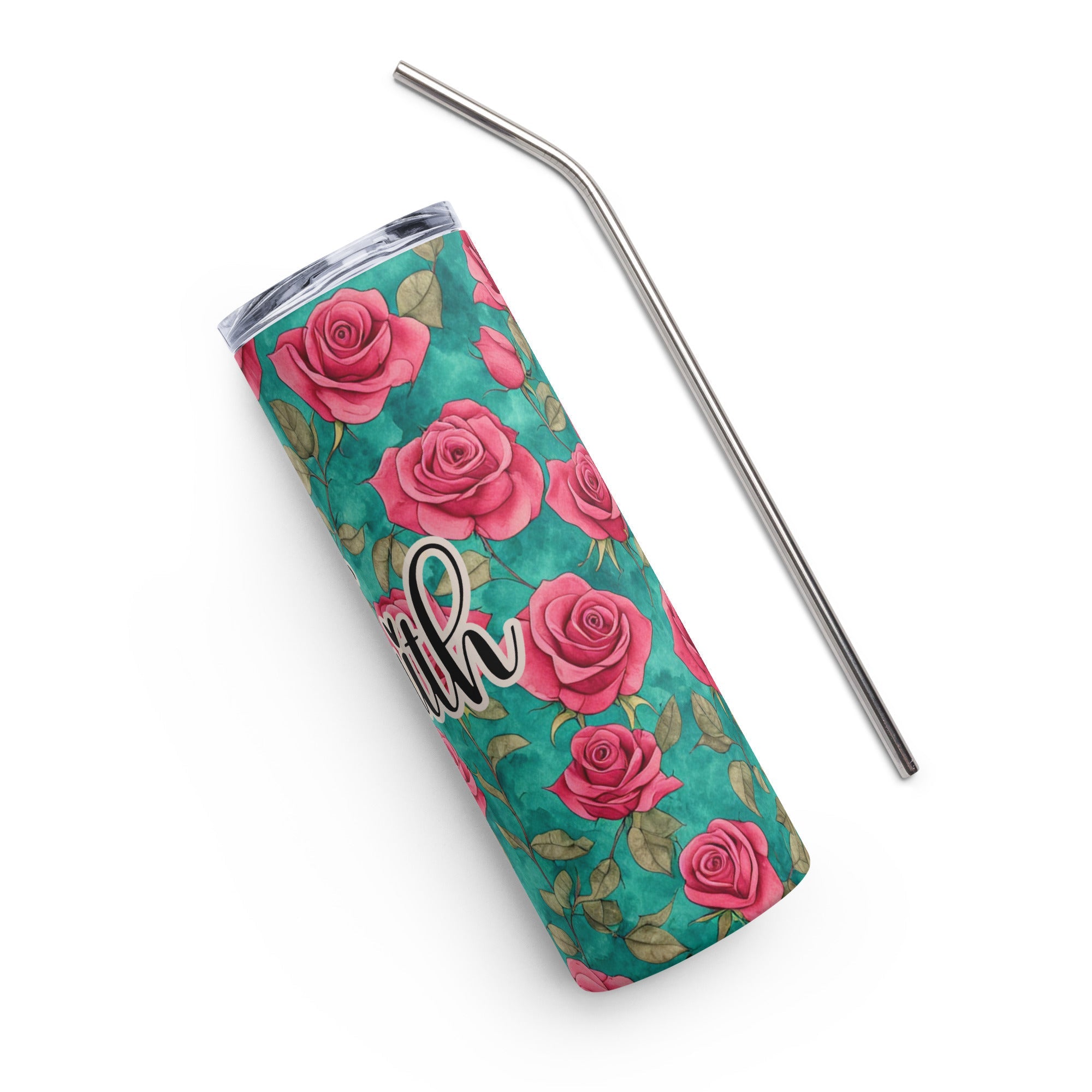 Faith Red Roses Tumbler 20 oz - Stainless Steel Straw - Jesus Passion Apparel