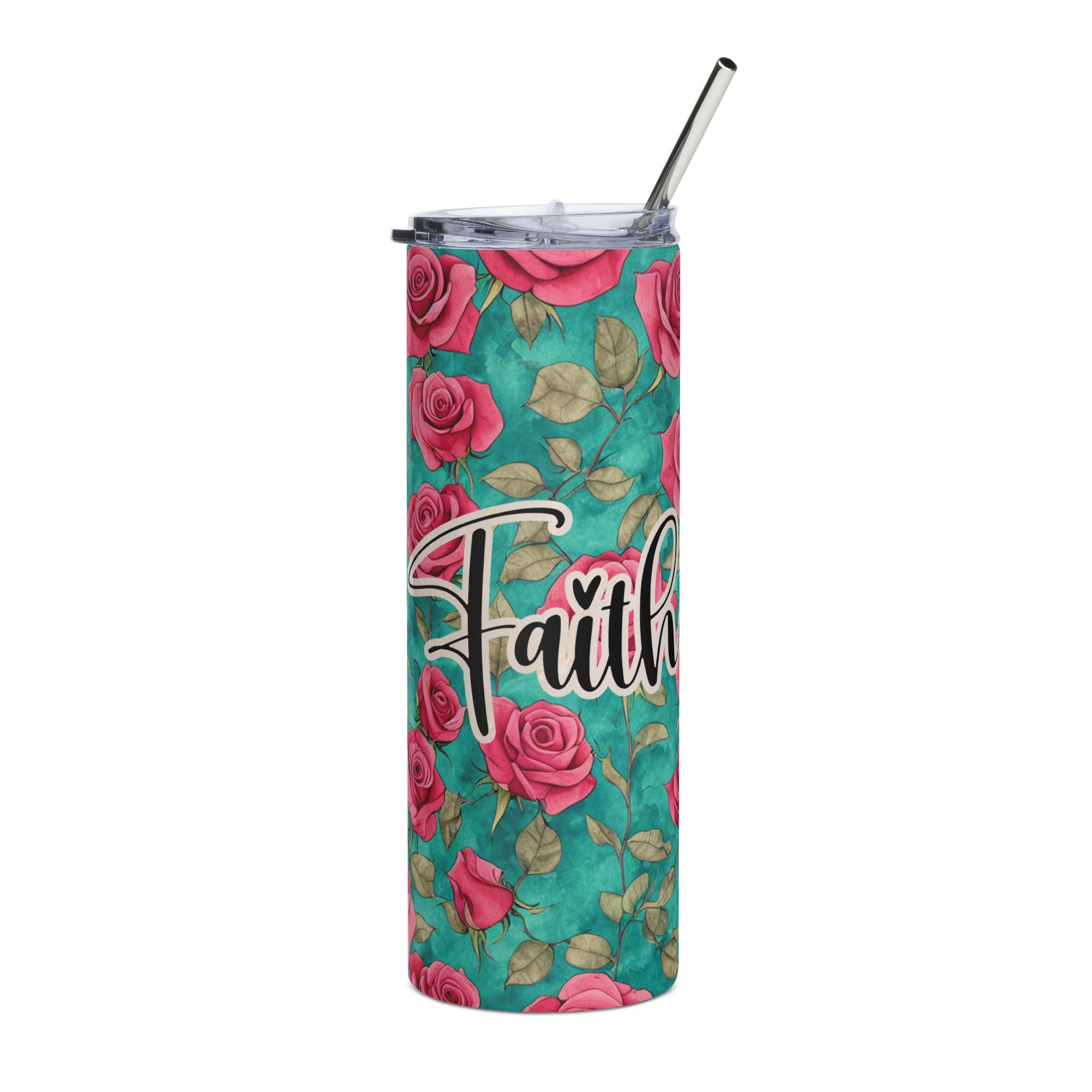 Faith Red Roses Tumbler 20 oz - Stainless Steel Straw - Jesus Passion Apparel