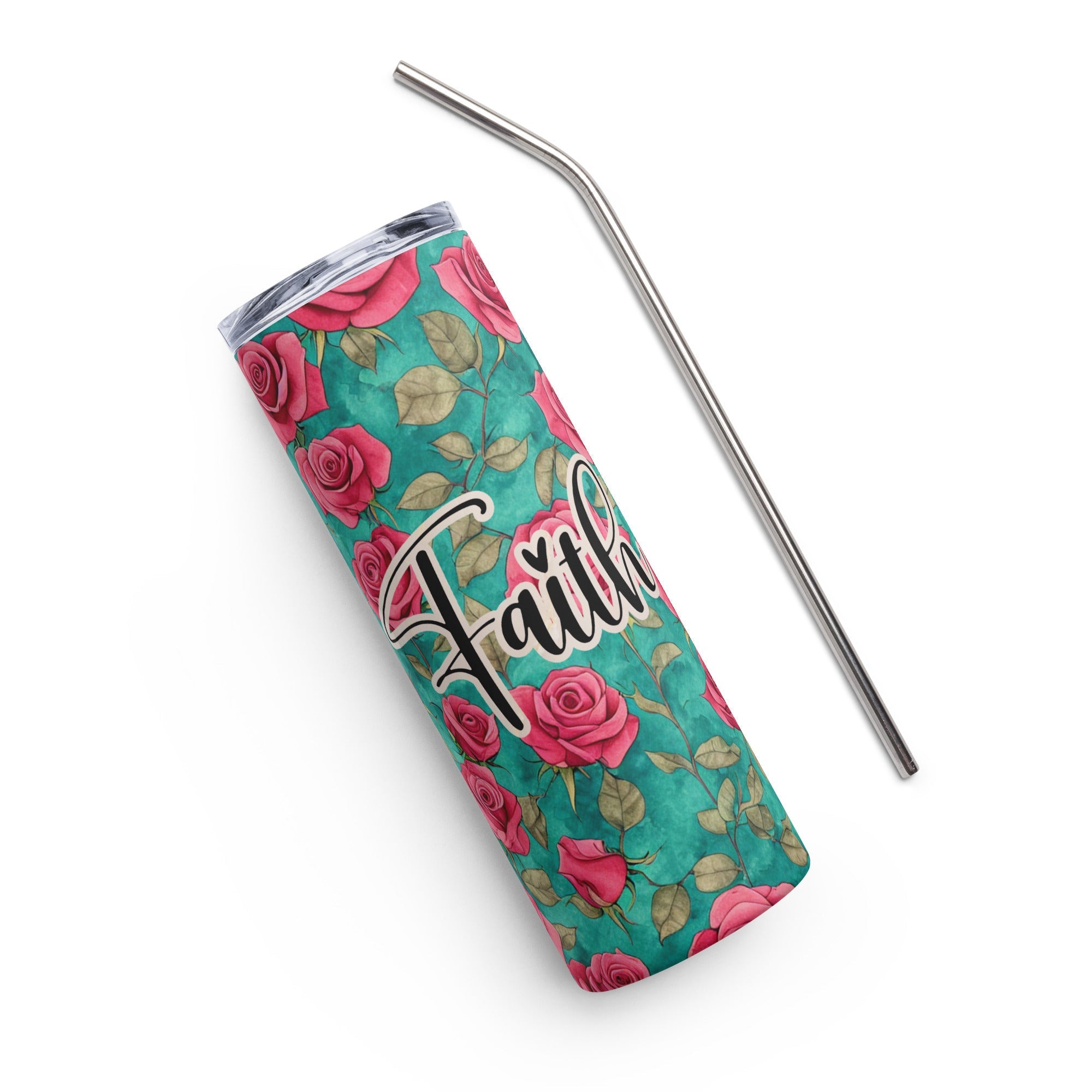 Faith Red Roses Tumbler 20 oz - Stainless Steel Straw - Jesus Passion Apparel