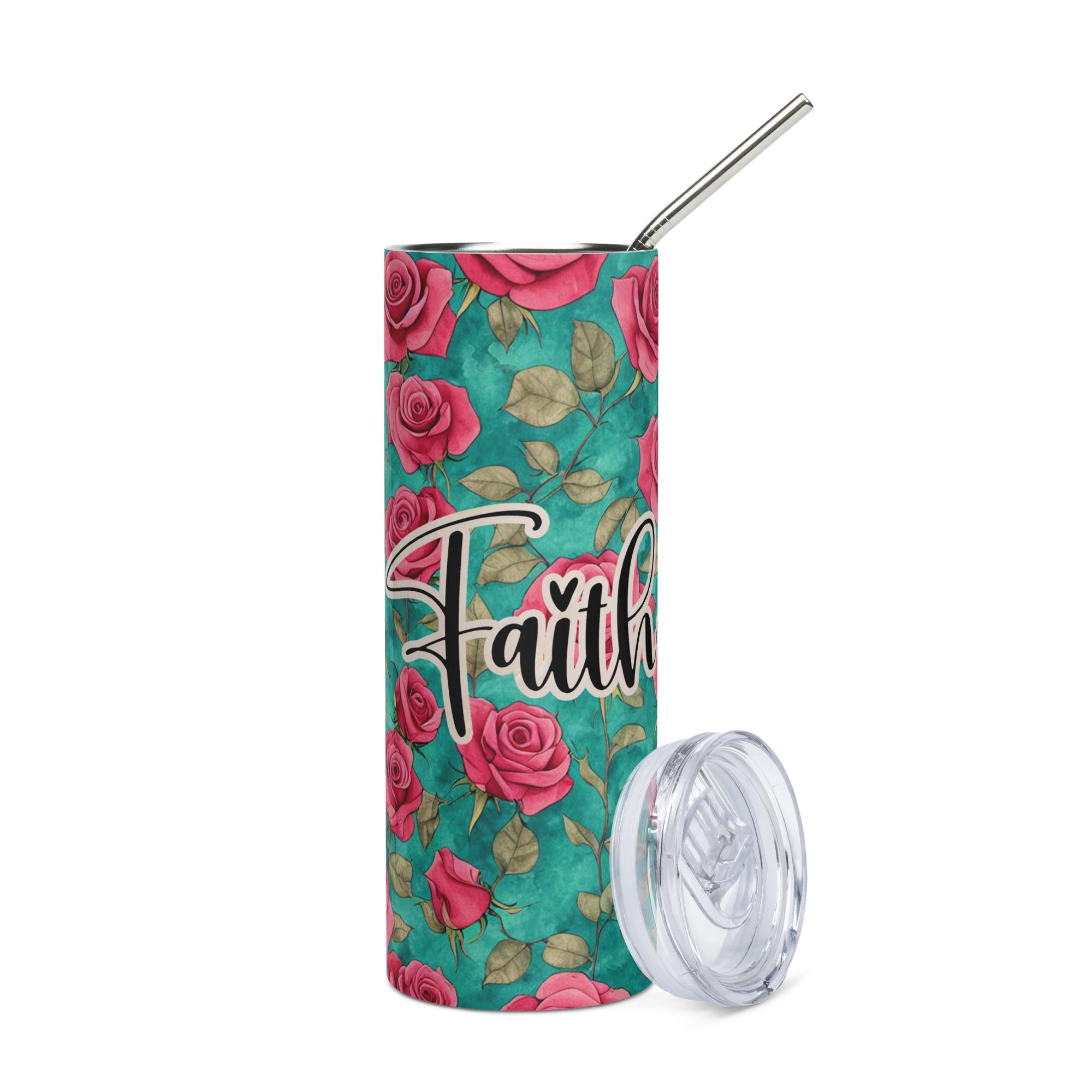 Faith Red Roses Tumbler 20 oz - Stainless Steel Straw - Jesus Passion Apparel