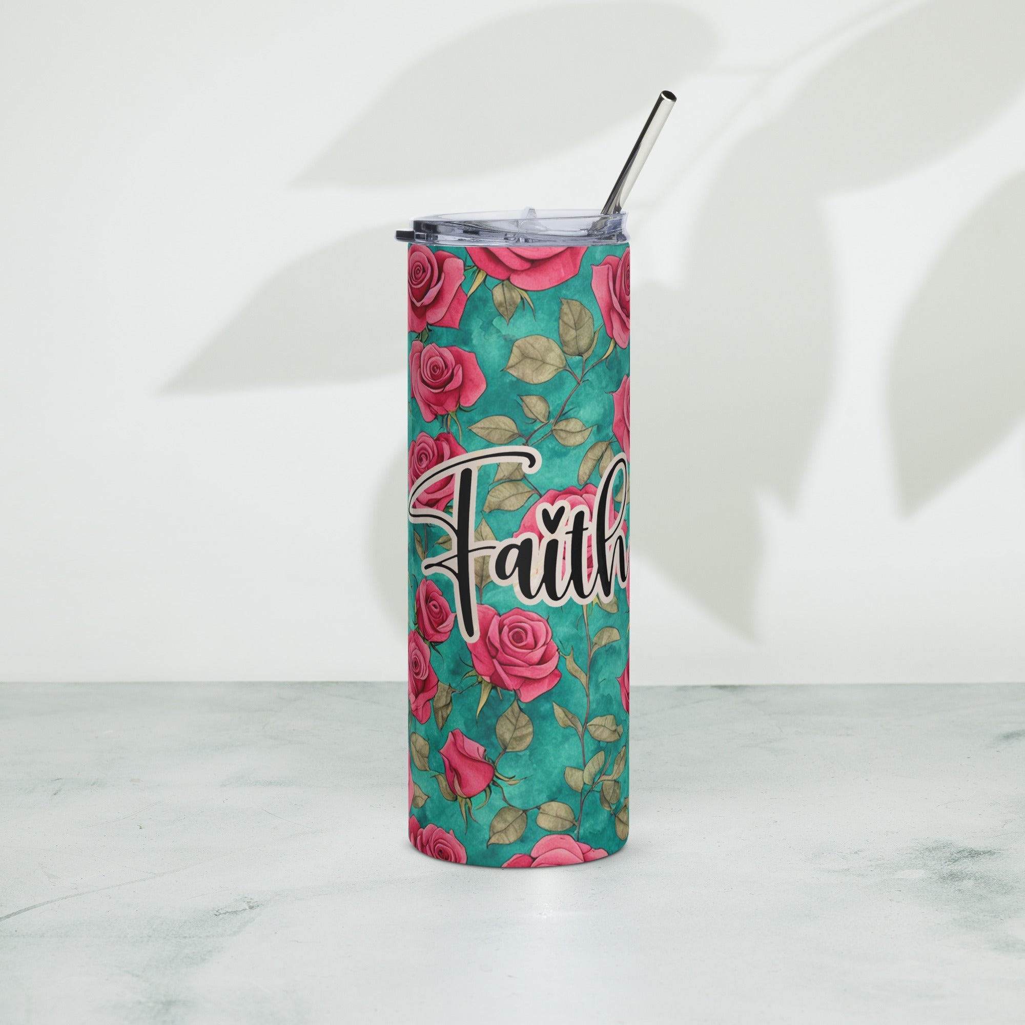 Faith Red Roses Tumbler 20 oz - Stainless Steel Straw - Jesus Passion Apparel