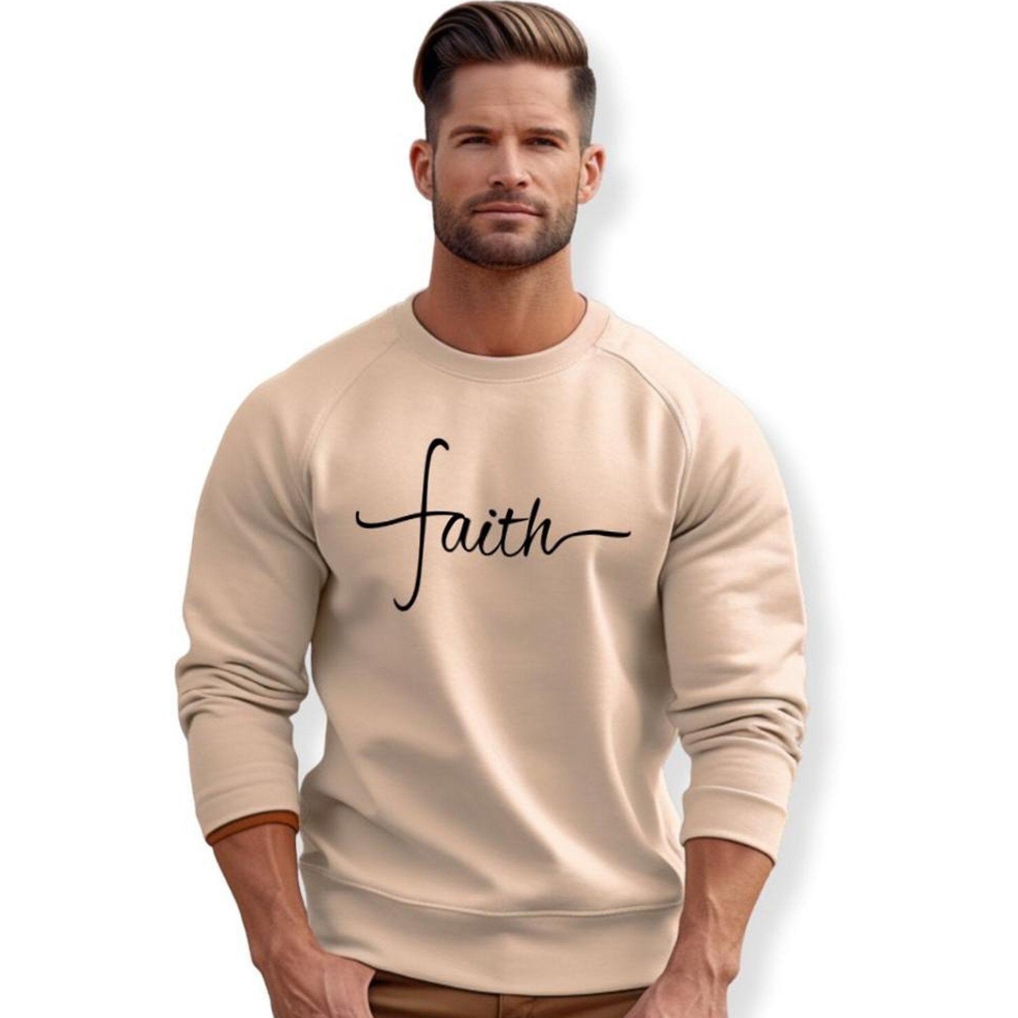 Faith Script Men's Fleece Unisex - Fit Sweatshirt - Sand - Jesus Passion Apparel