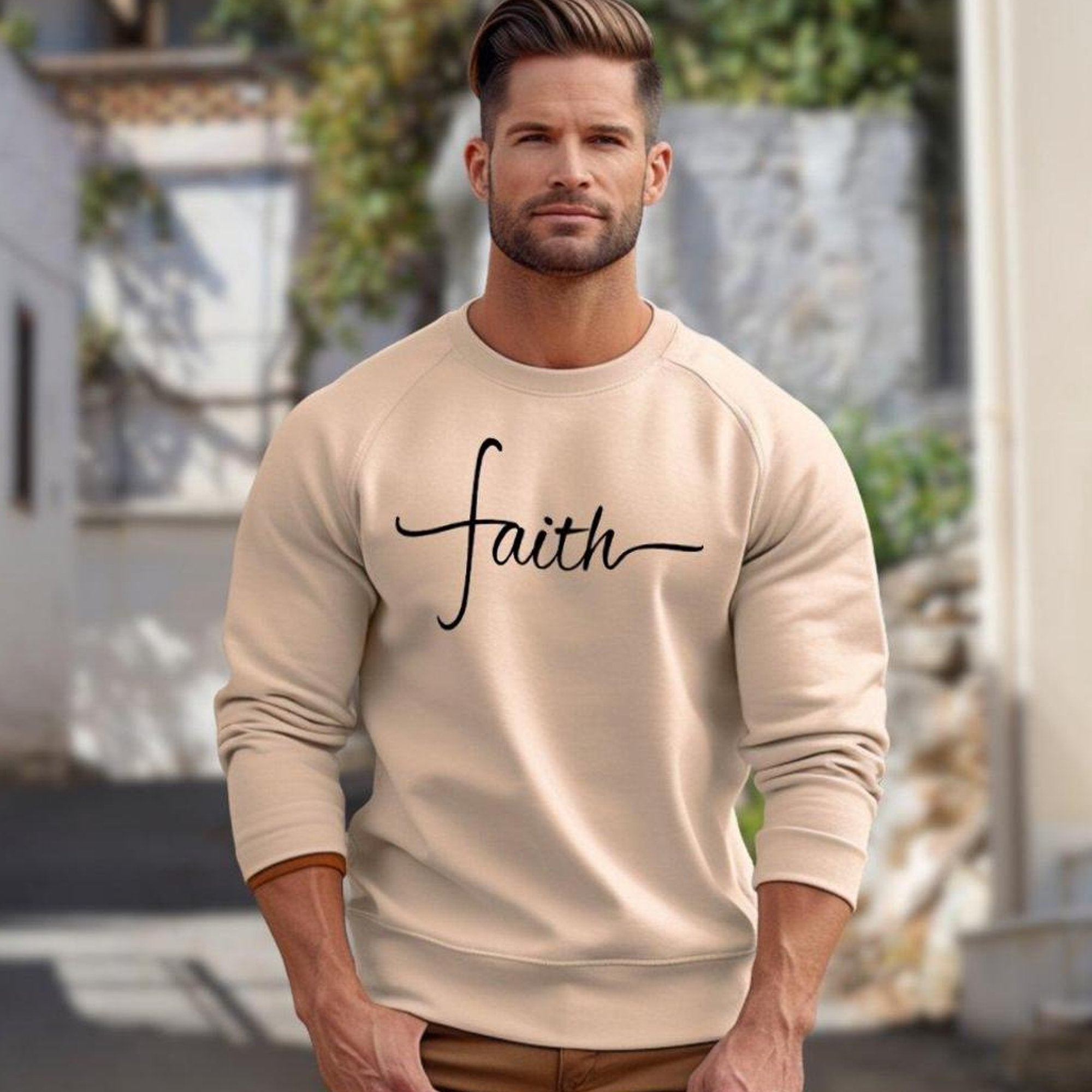 Faith Script Men's Fleece Unisex - Fit Sweatshirt - Sand - Jesus Passion Apparel