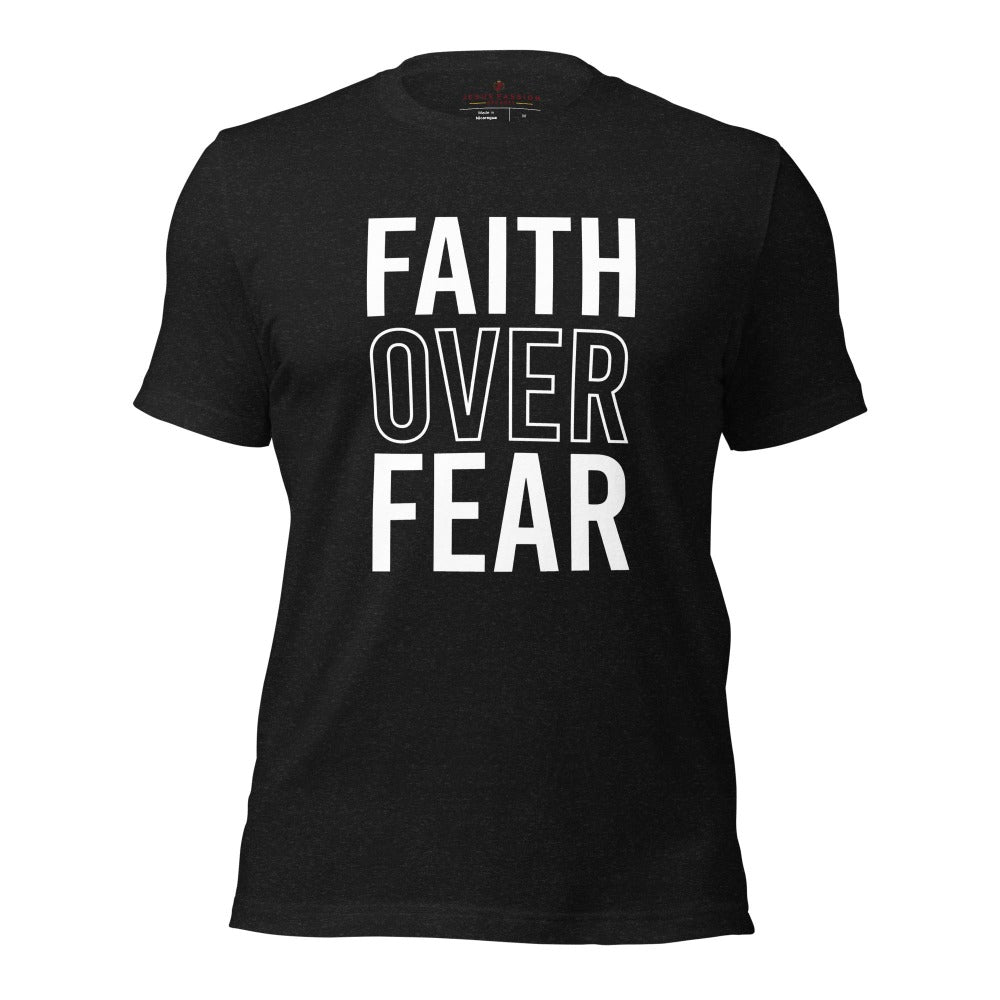 Faith Over Fear Jersey Short Sleeve T-Shirt Color: Black Heather Size: XS Jesus Passion Apparel