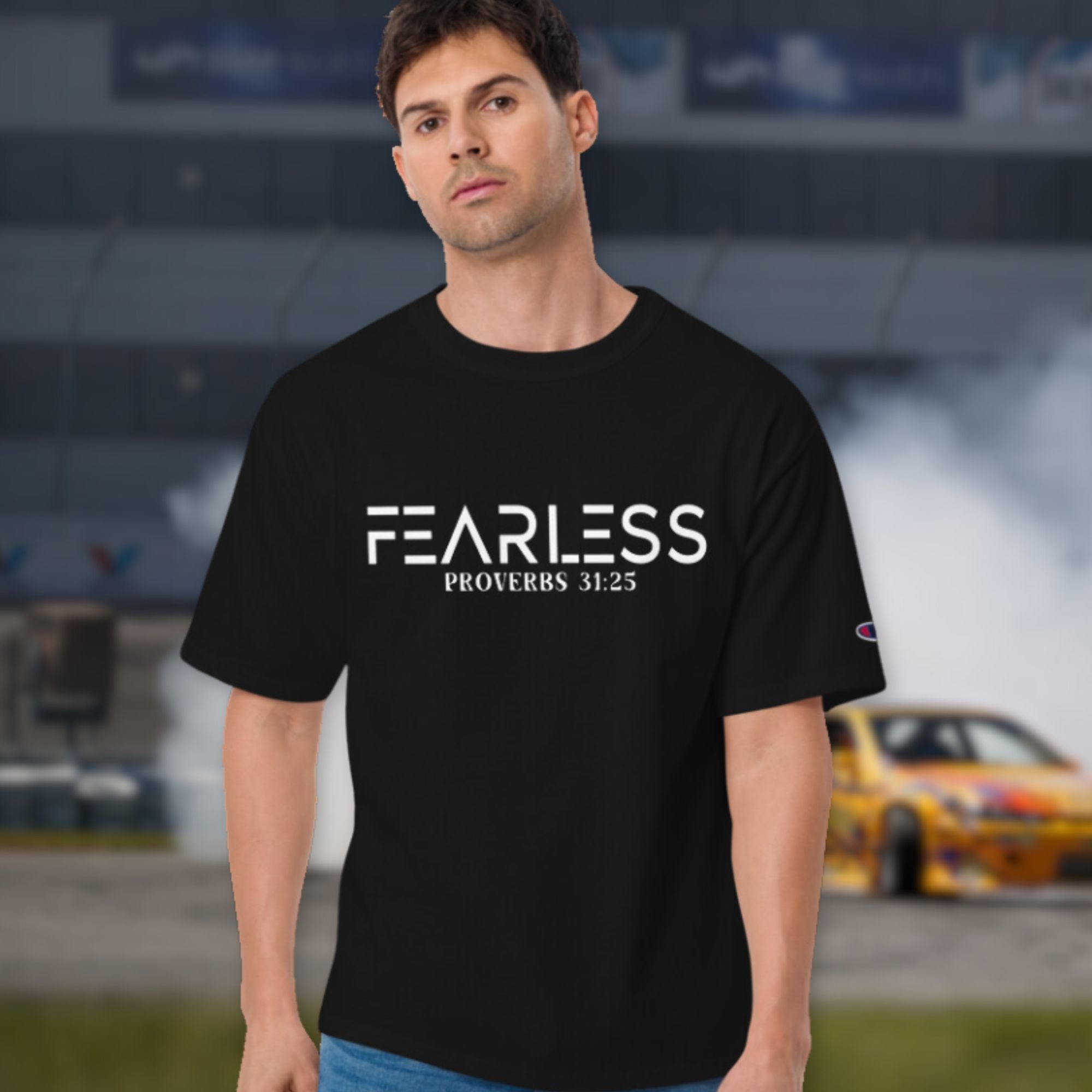 Fearless Proverbs 31:25 Men's Champion T-Shirt - Jesus Passion Apparel