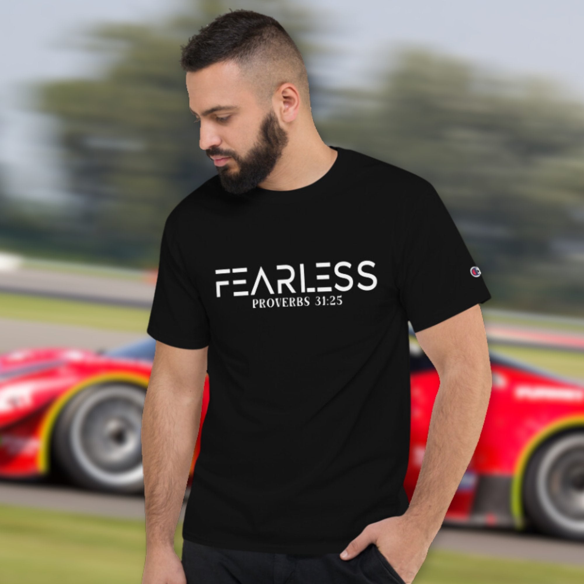 Fearless Proverbs 31:25 Men's Champion T-Shirt - Jesus Passion Apparel