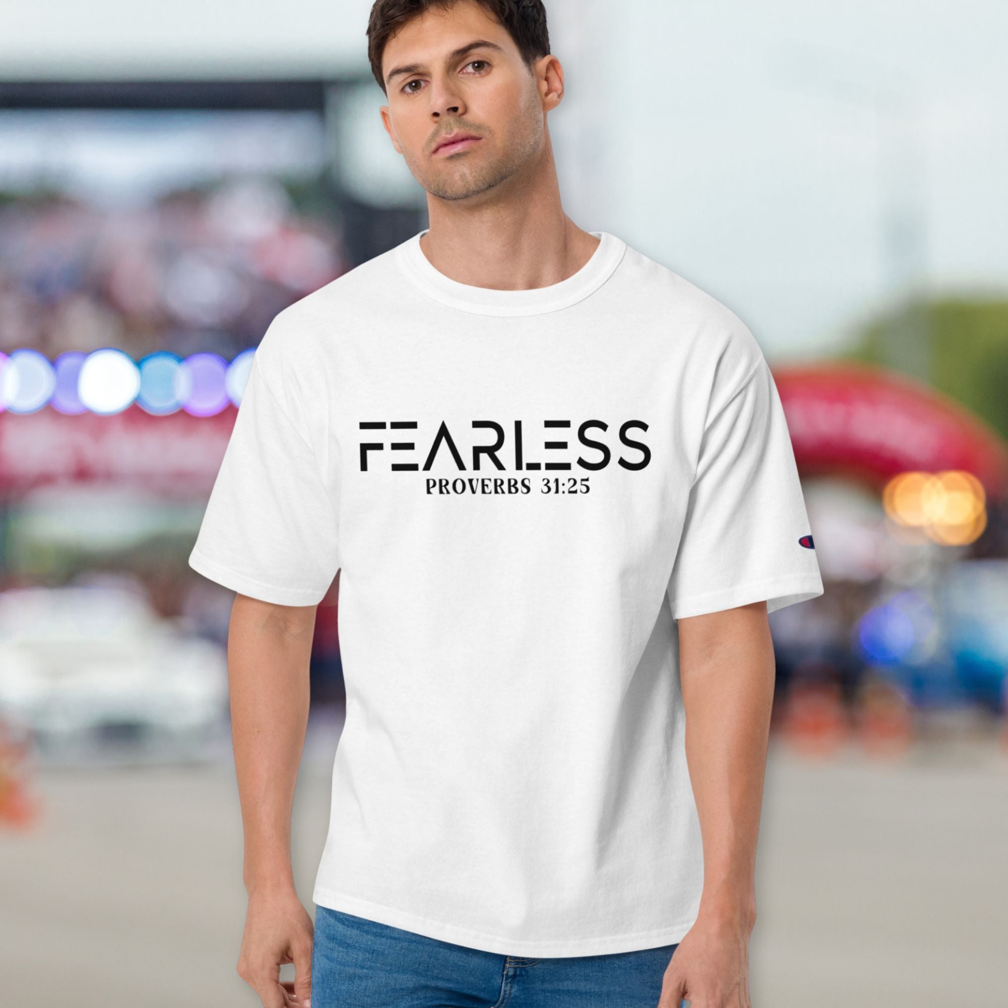 Fearless Proverbs 31:25 Men's Champion T-Shirt - Jesus Passion Apparel