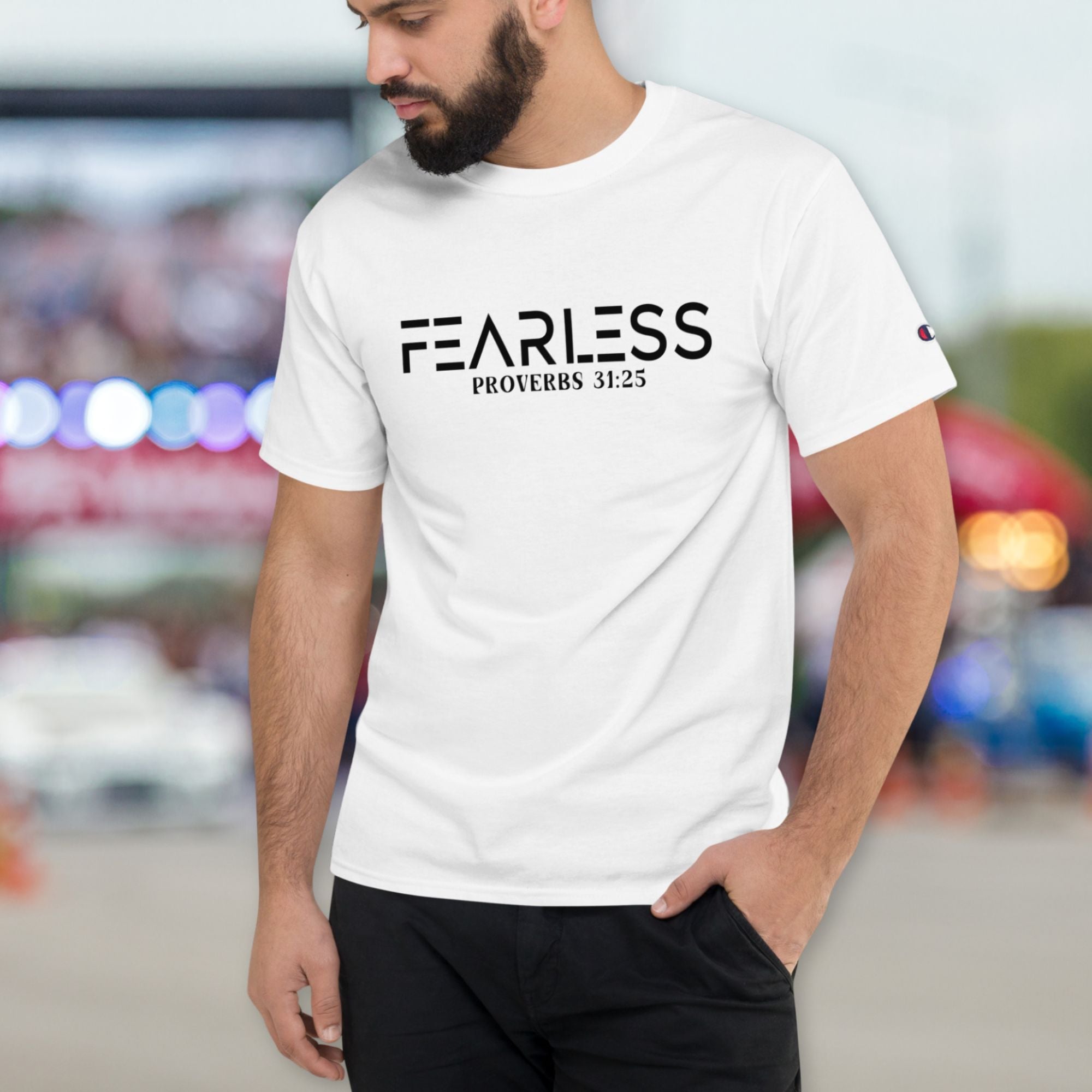 Fearless Proverbs 31:25 Men's Champion T-Shirt - Jesus Passion Apparel