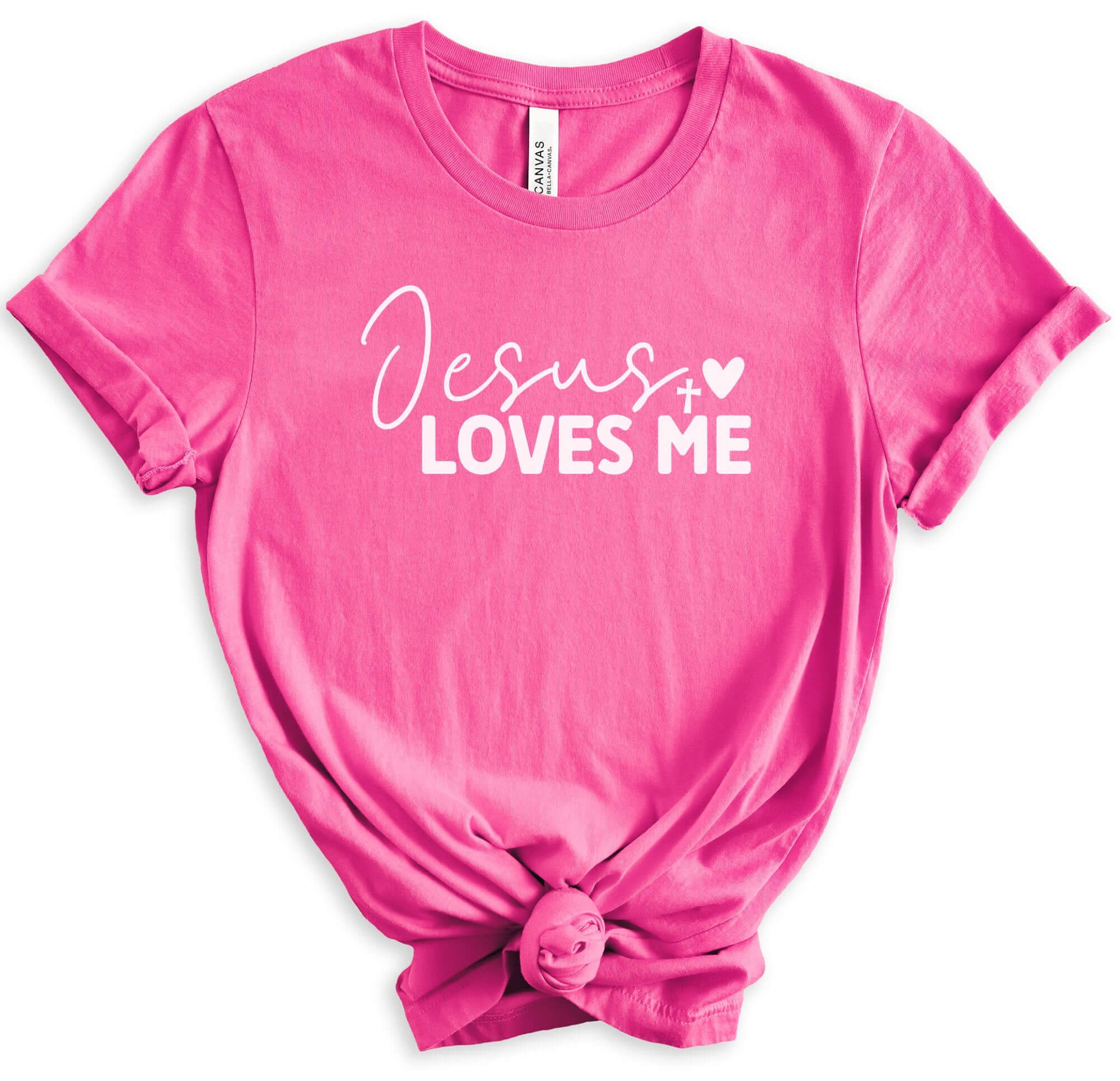 T-Shirts & TopsCelebrate your faith with this beautifully designed T-shirt featuring the inspiring message "Jesus Loves Me" in elegant script. Perfect for casual wear or group events, this shirt is a great way to spread a message of love and faith. Made f