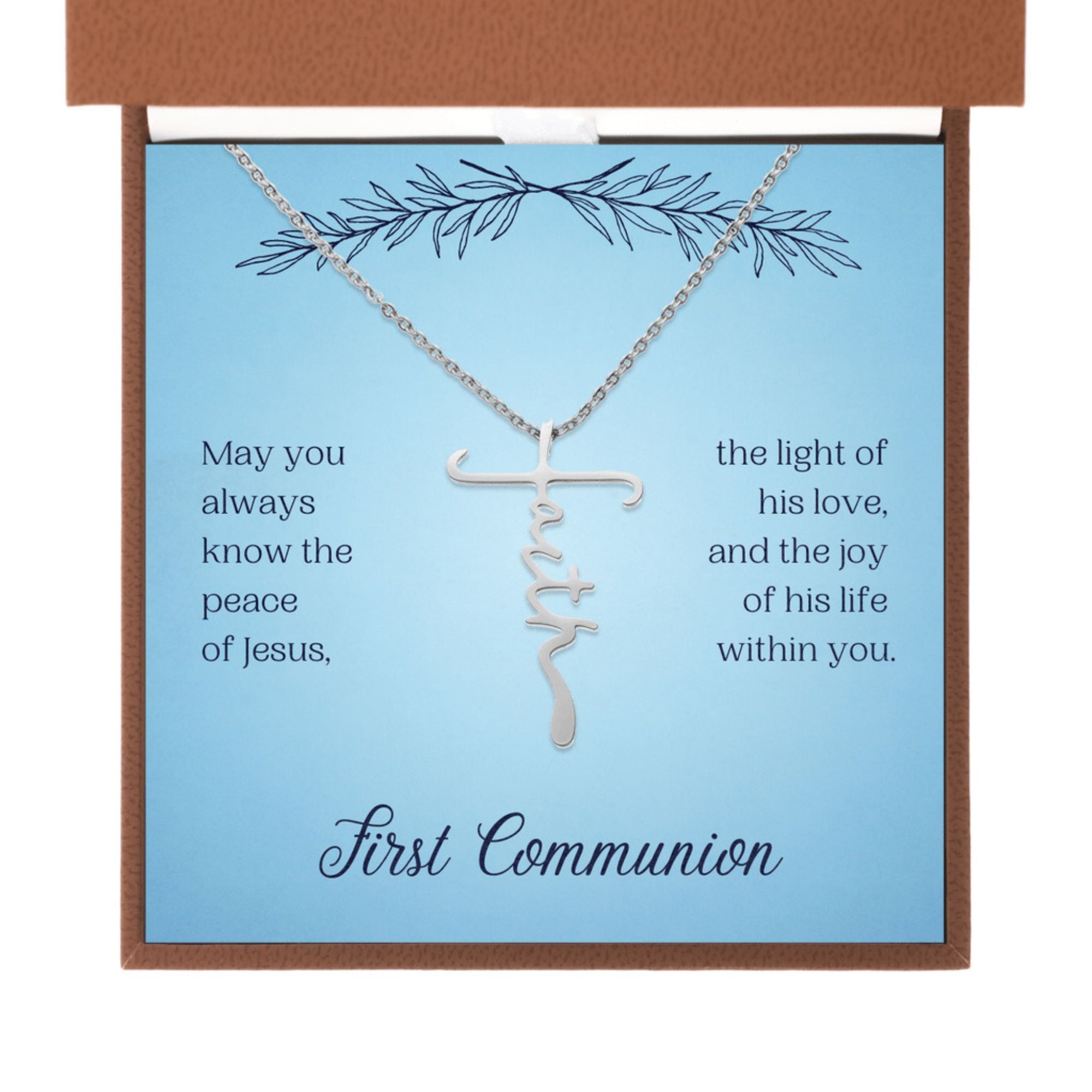 First Communion Faith Cross Necklace - May You Always Know The Peace of Jesus - Jesus Passion Apparel