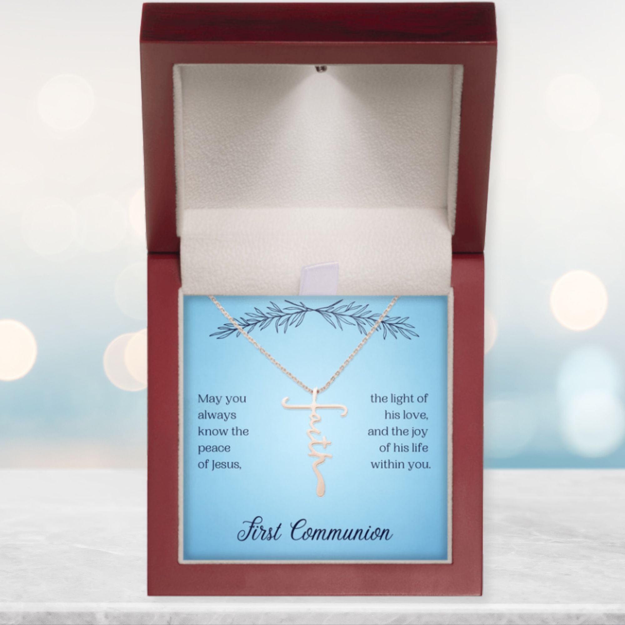 First Communion Faith Cross Necklace - May You Always Know The Peace of Jesus - Jesus Passion Apparel